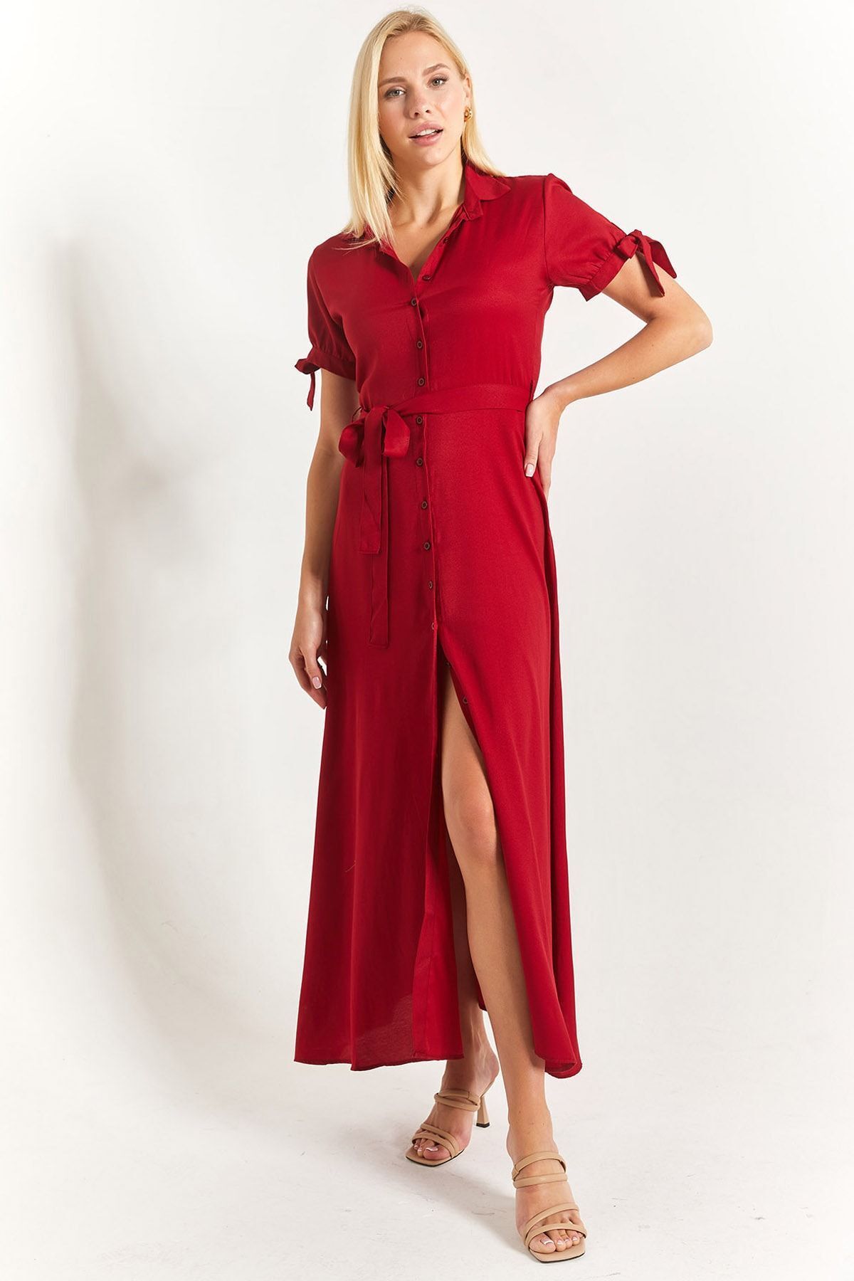 Female burgundy arm connected waist belt shirt dress ARM-23Y001004