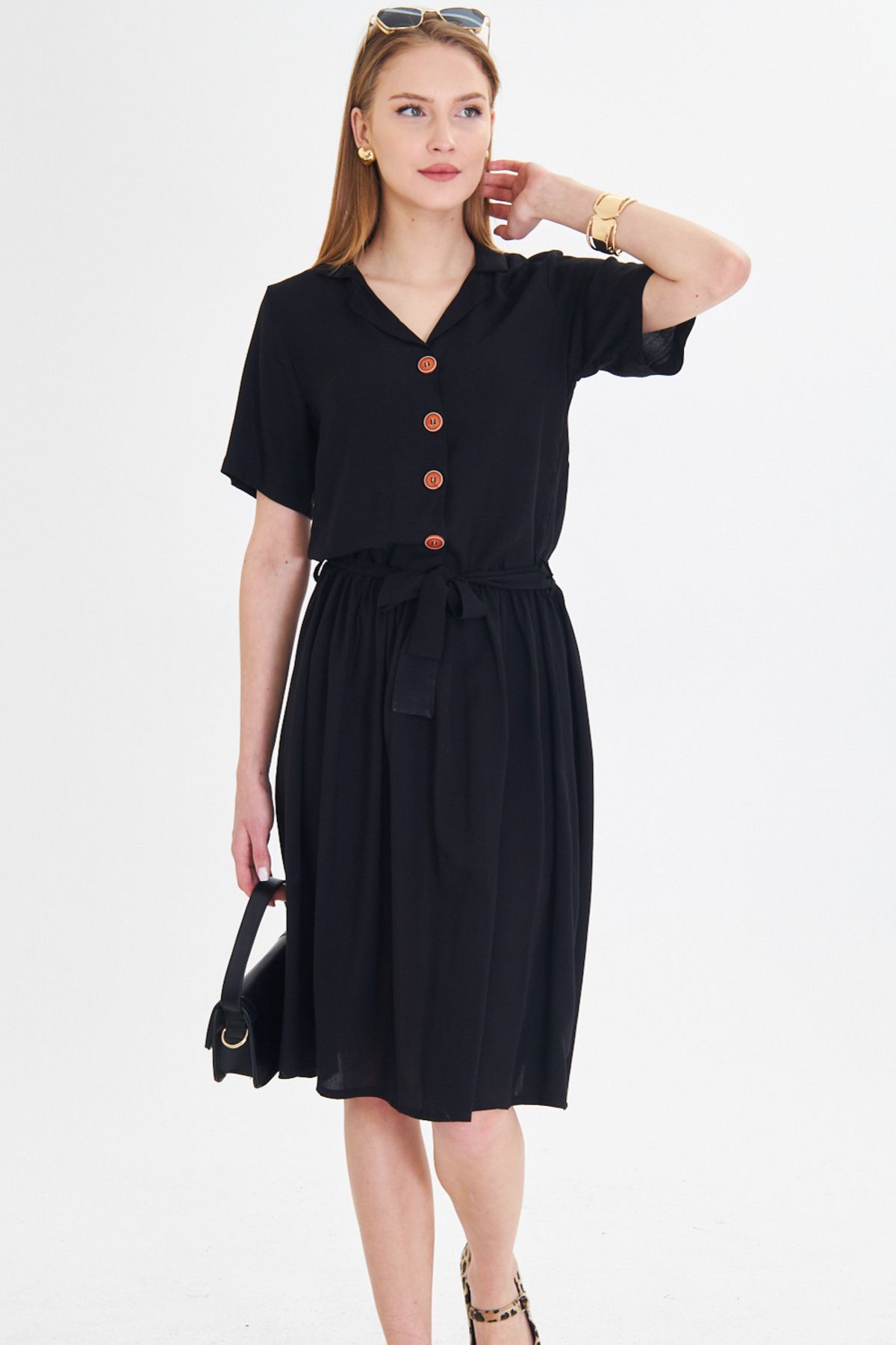 Female black front buttoned waist shirred belt midi size dress ARM-24Y001068