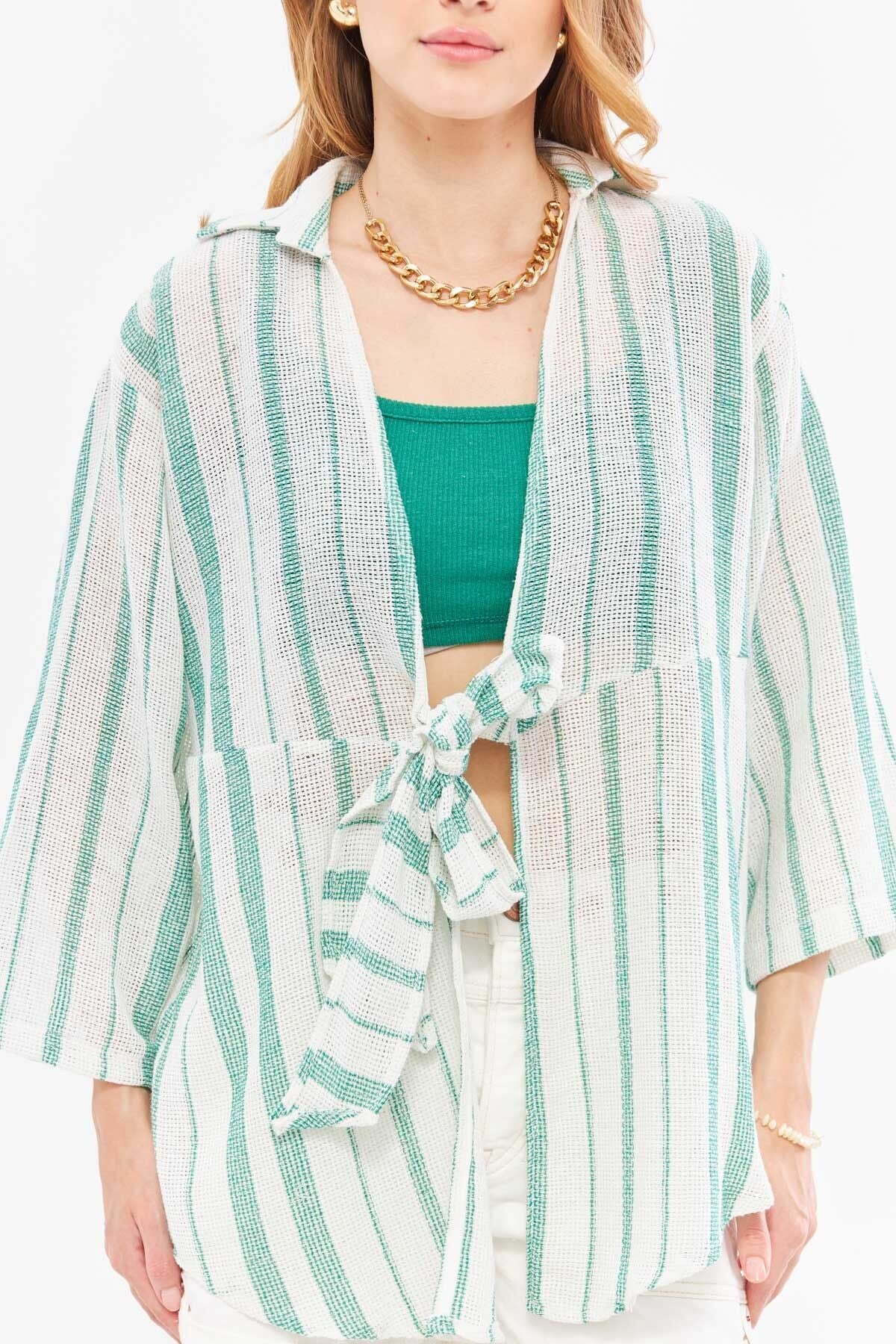 Woman Dark Green Striped front connecting kimono shirt ARM-24Y001091