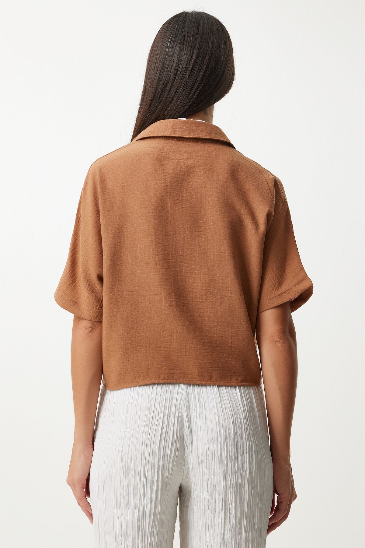 Woman Camel Binding Detailed Linen Blouse MX00151