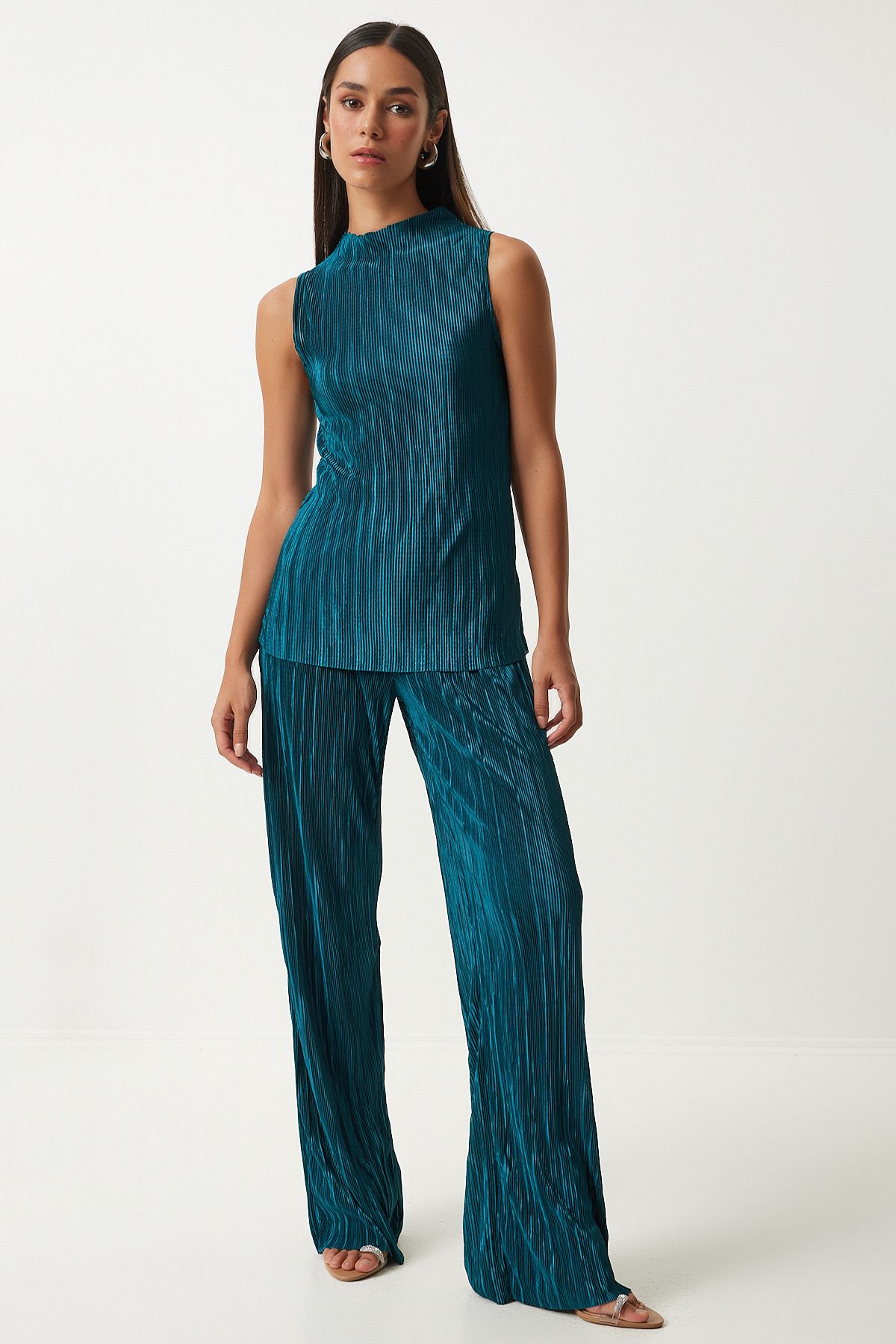 Female Emerald Green Filisle Sleeveless Knitting Blouse Palazzo Pants Set FN03192
