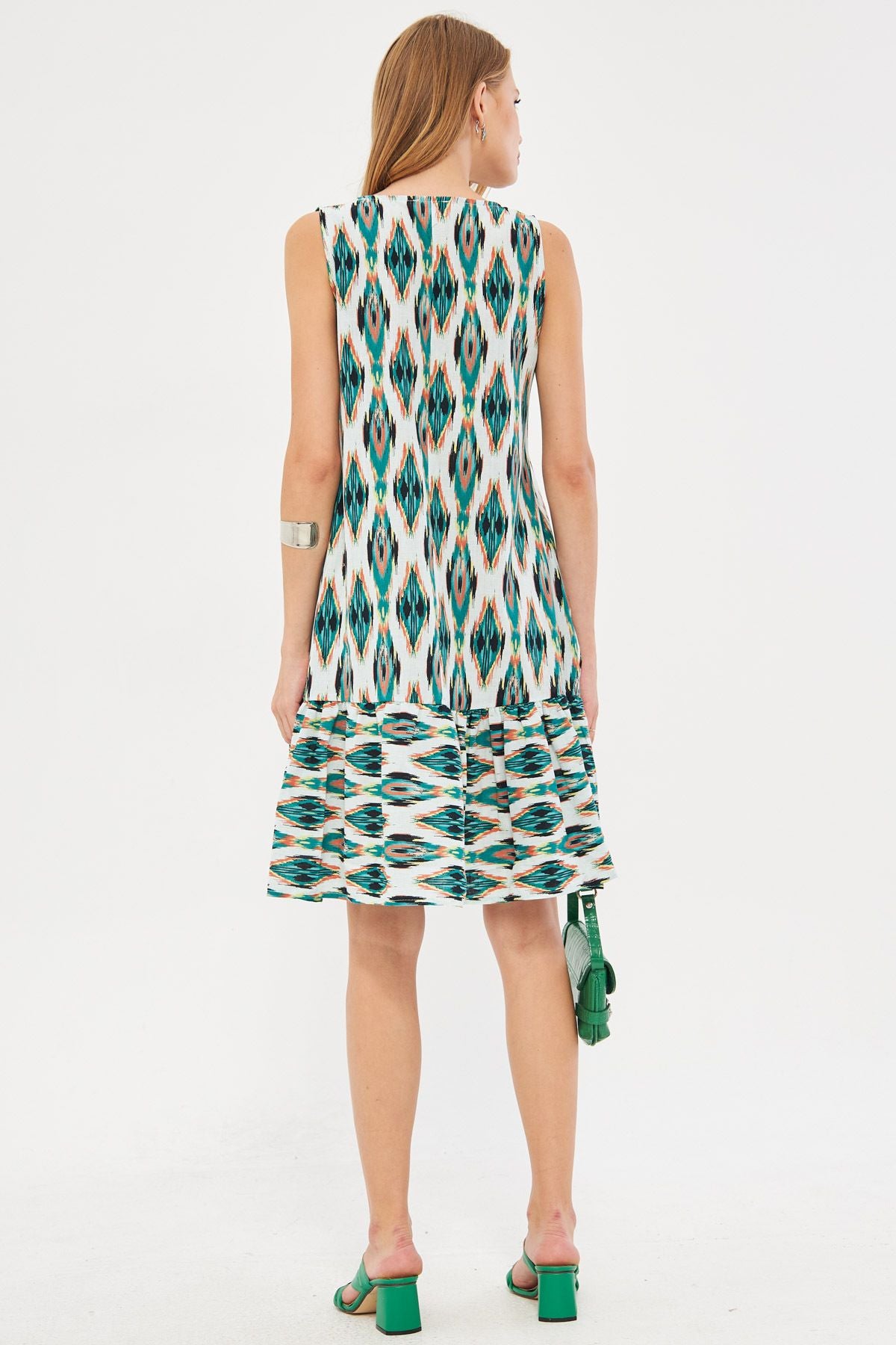 Woman Green Patterned Sleeveless Skirt Ruffed Dress ARM-22K001142