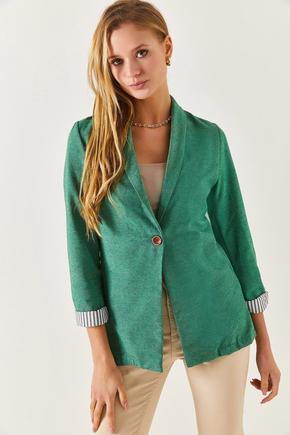 Women's Dark Green Arm Içi striped single button jacket ARM-22K001122