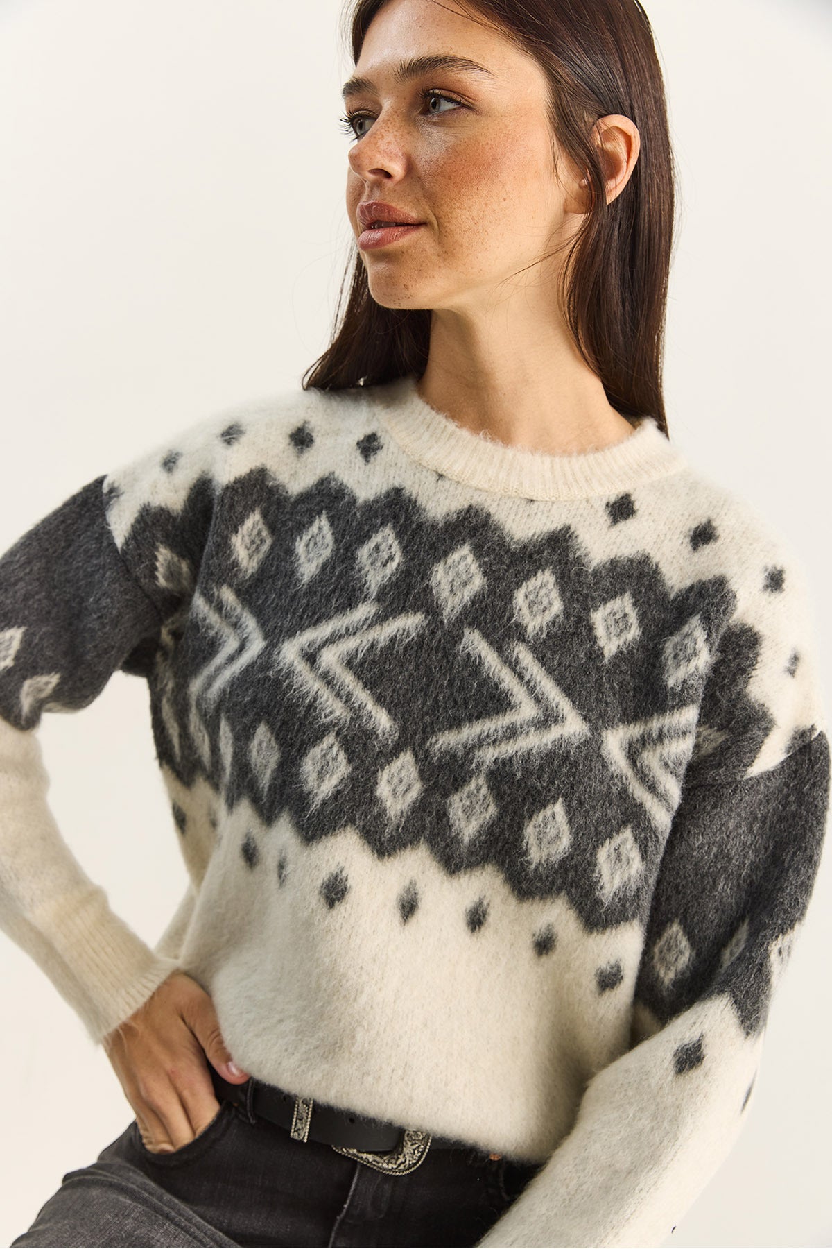 Women's Crew Neck Patterned Rose Gold Knitwear Sweater 20251117