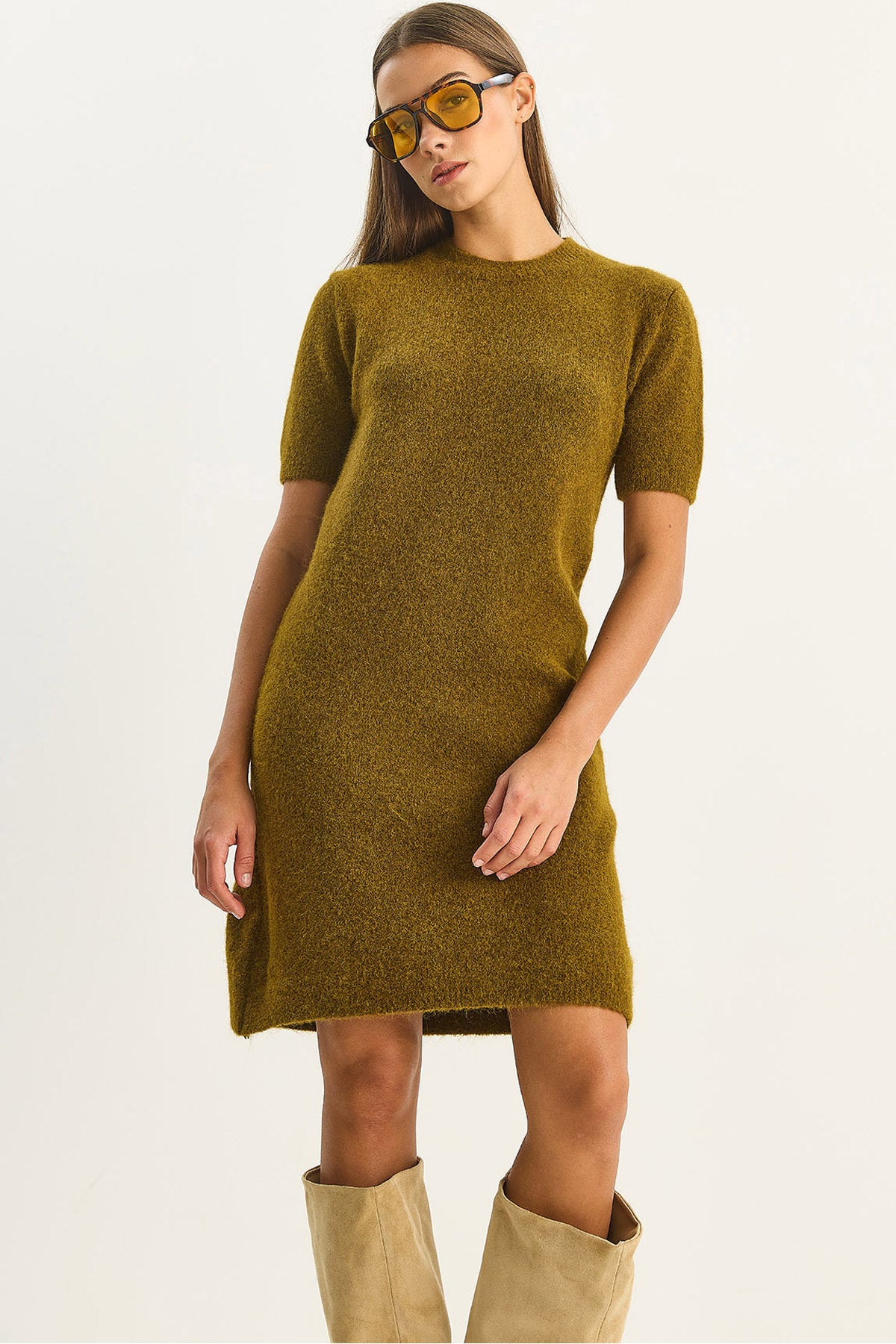 Women's Crew Neck Short Sleeve Soft Textured Knitwear Dress 2515 60283682