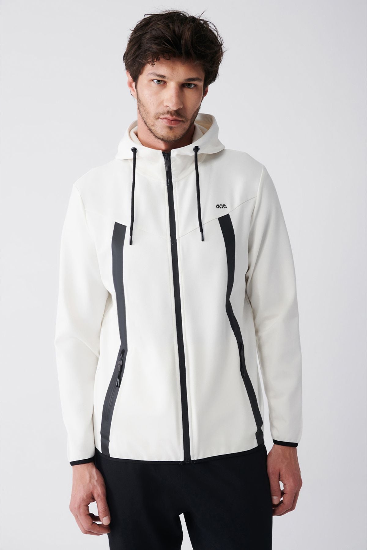 Men's Ecru Interlok Fabric Hoped Zipper Sweatshirt A31y1202
