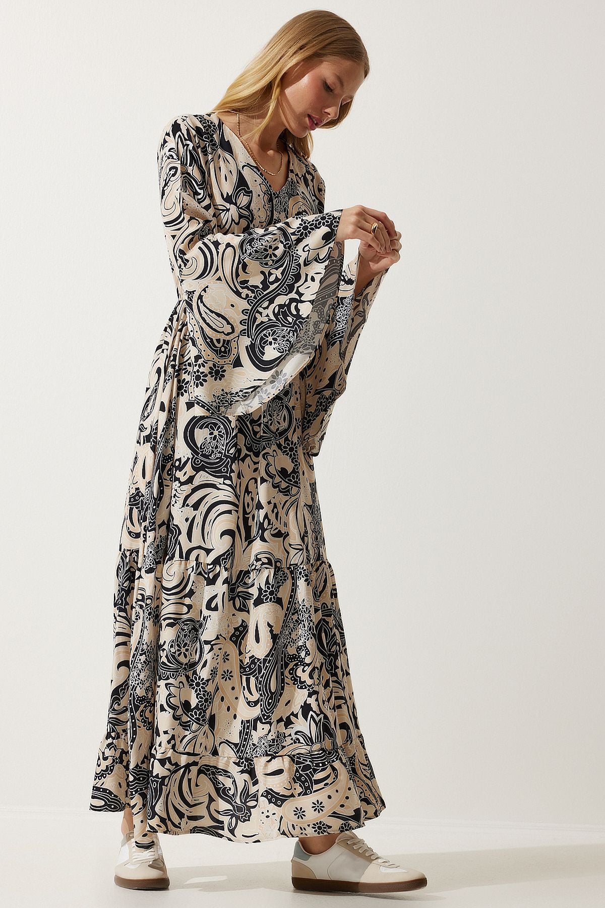 Female Beige Patterned Summer Viscose Dress DD01303