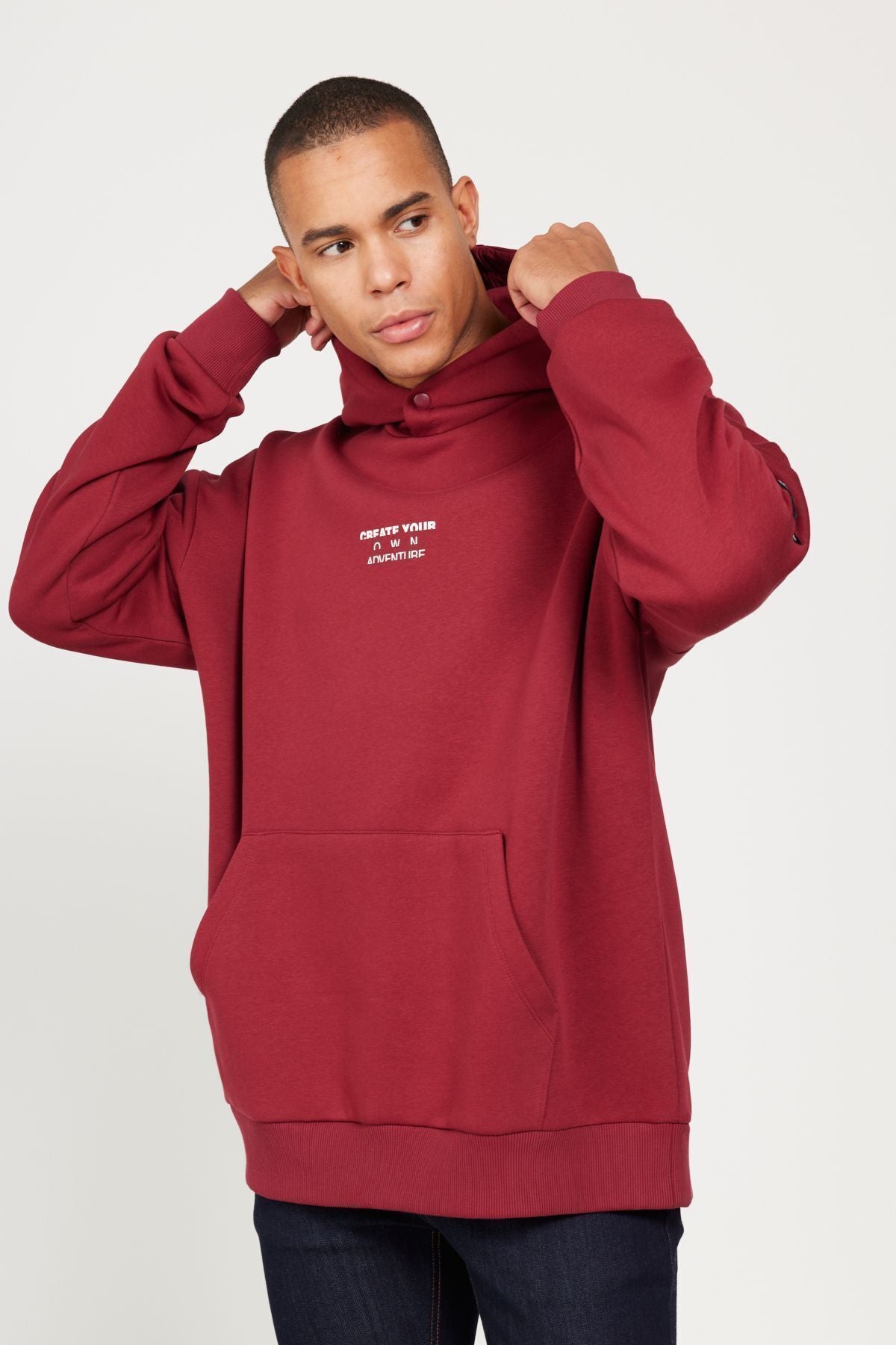 Erkek Bordo Oversize Fit Bol Kesim Kapüşonlu Içi Polarlı 3 Iplik Pamuklu Sweatshirt