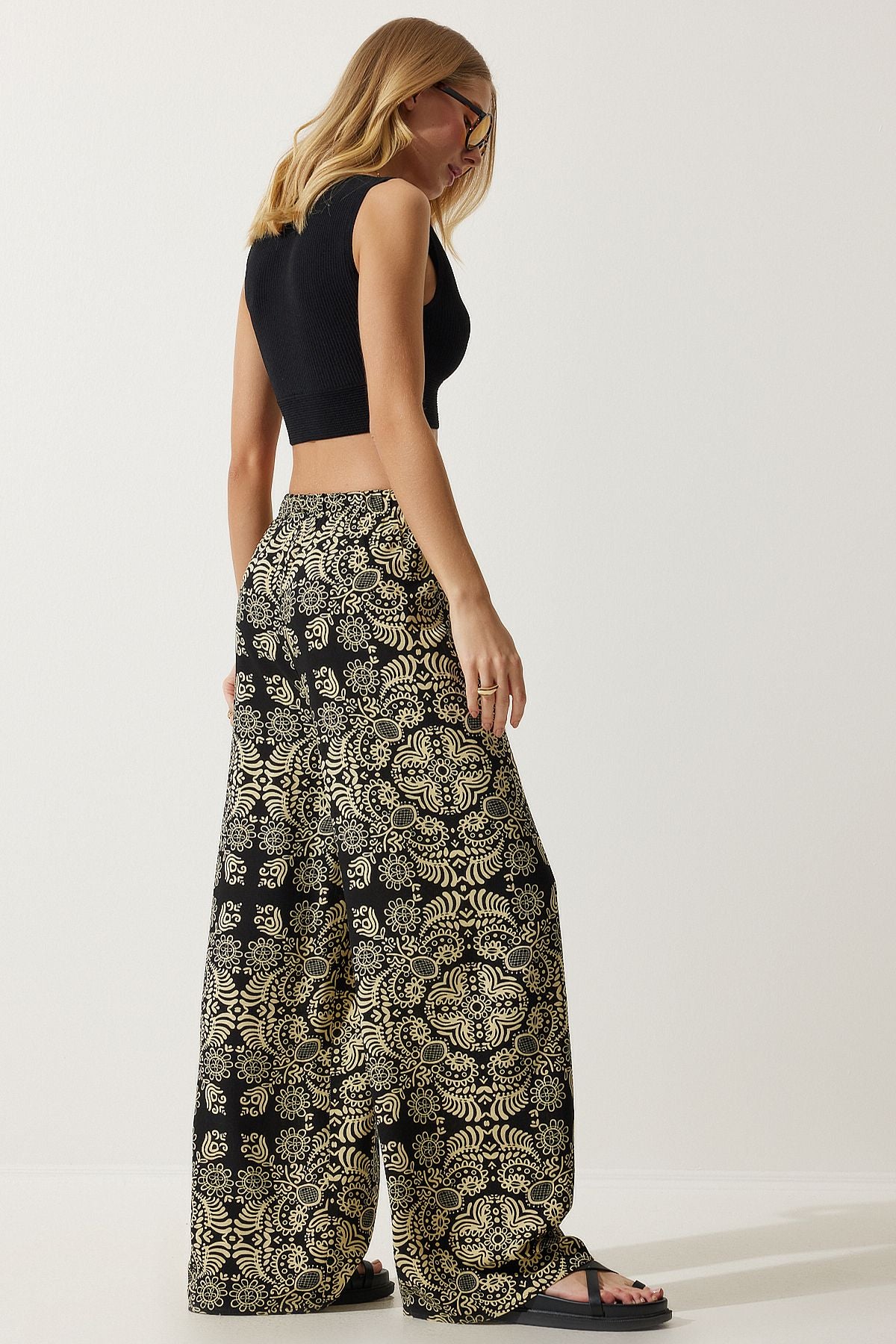 Female Black Beige Patterned Raw Linen Palazzo Pants BH00397