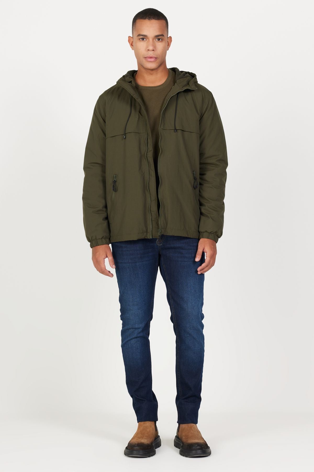 Men's Khaki Standard Fit Normal Normal Cut Hooded Side Pocket Coat