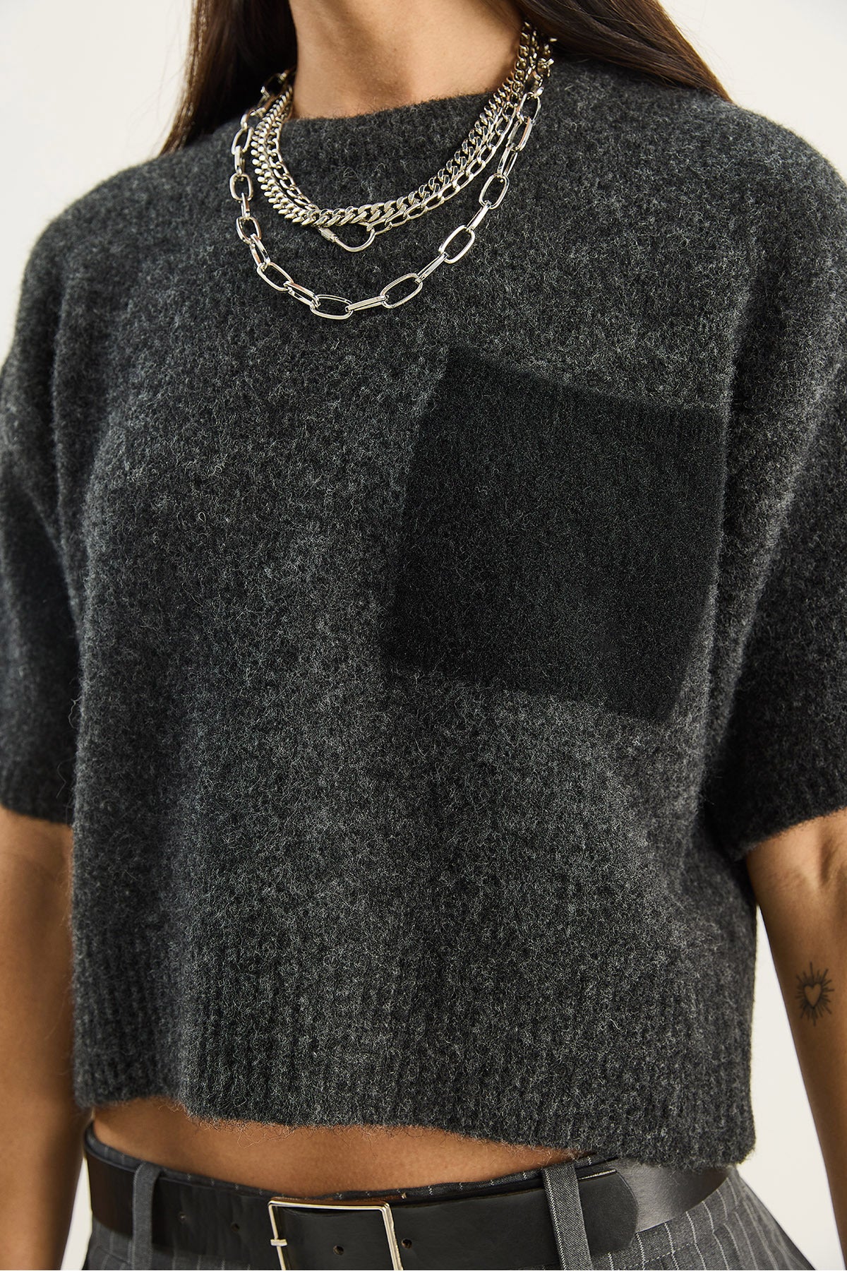 Women's Color Block Pocketed Short Sleeve Knitwear Sweater 2551 60283758