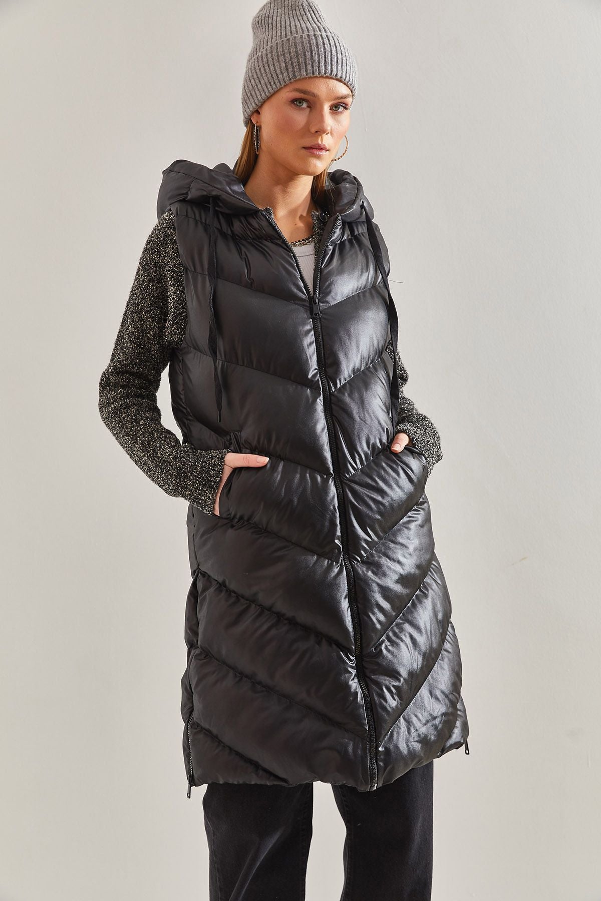 Women's sides Zippered Long Swelling Vest