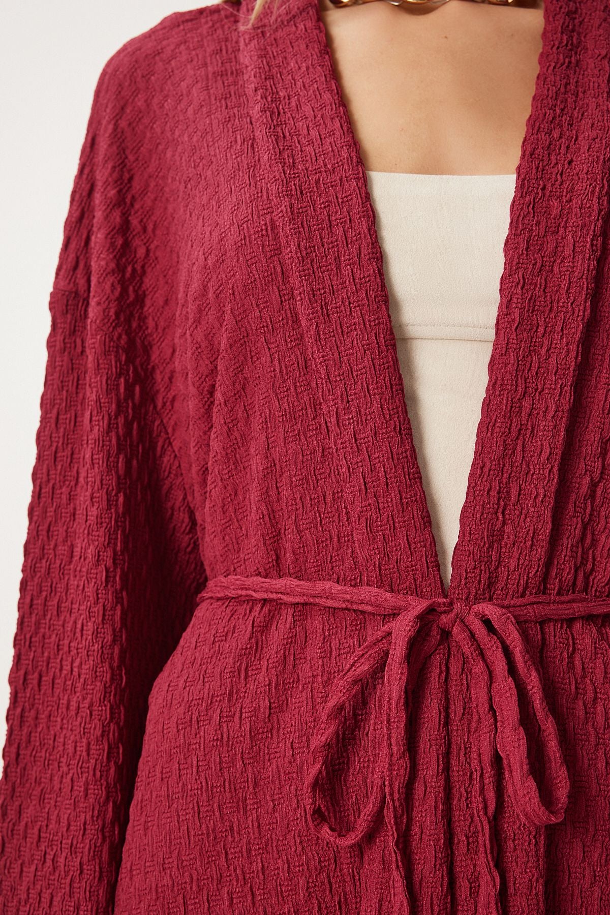 Female burgundy textured knitted kimono pants set RG00046