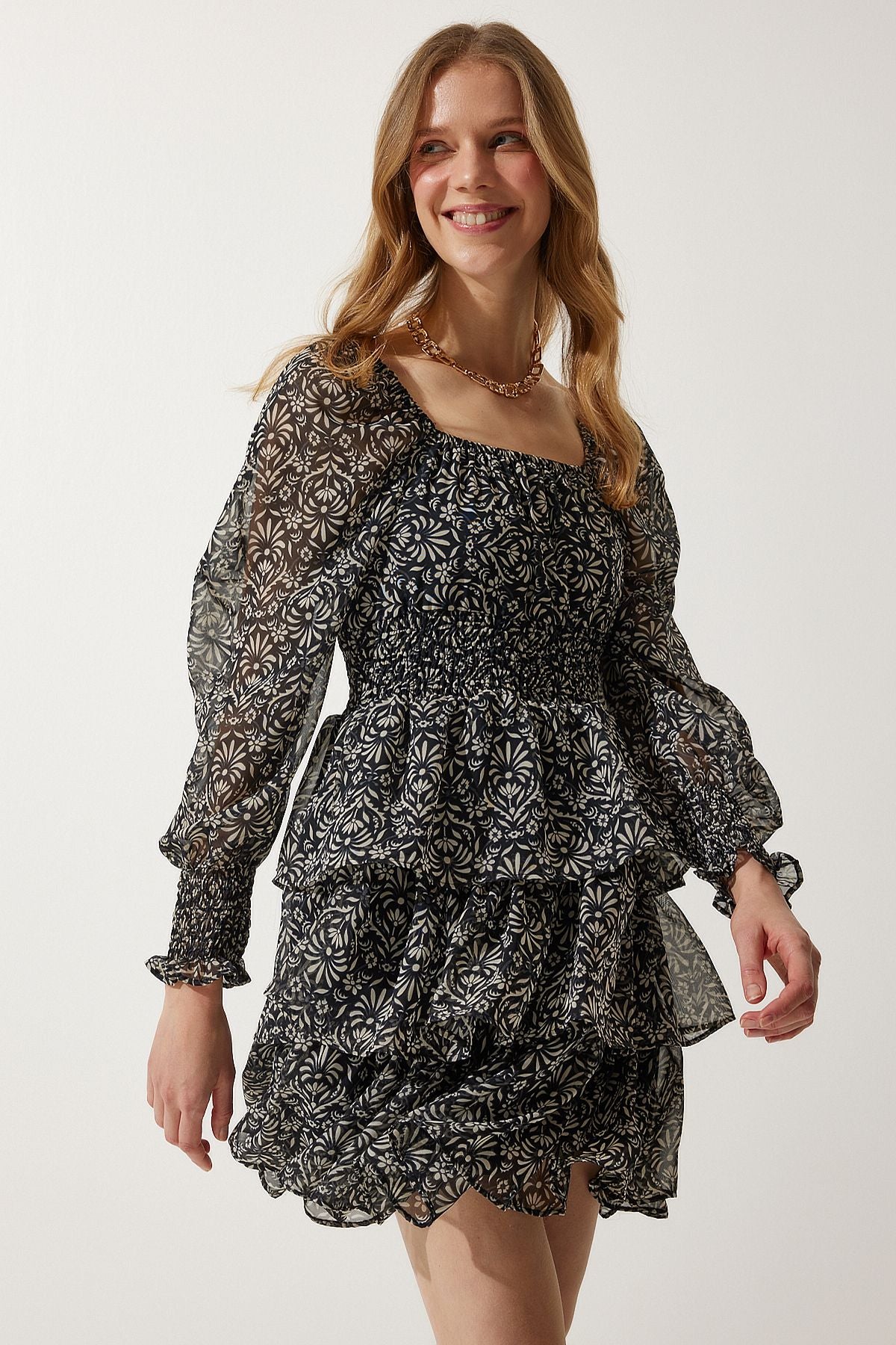 Female Black Cream Flower Carmen collar chiffon dress DK00146