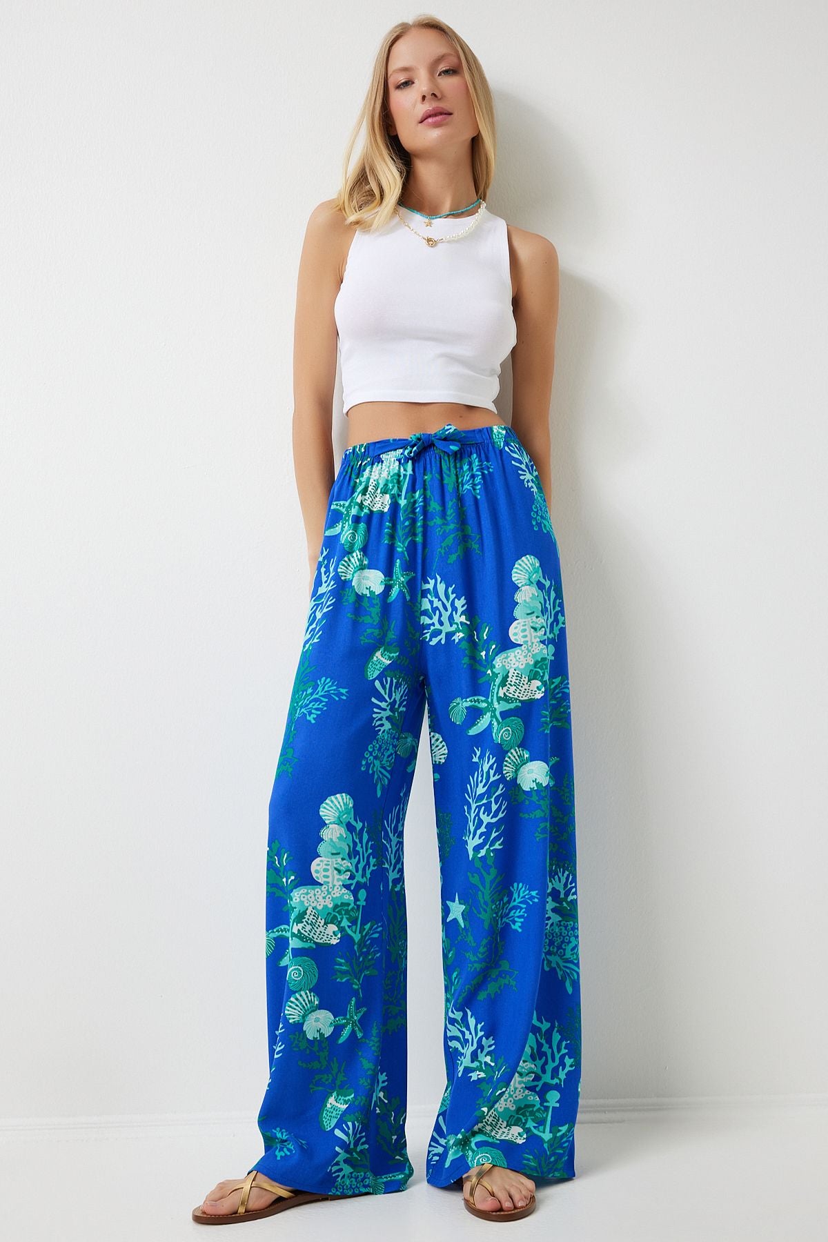 Women's Blue Water Green Patterned Visco Palazzo Pants EN00606