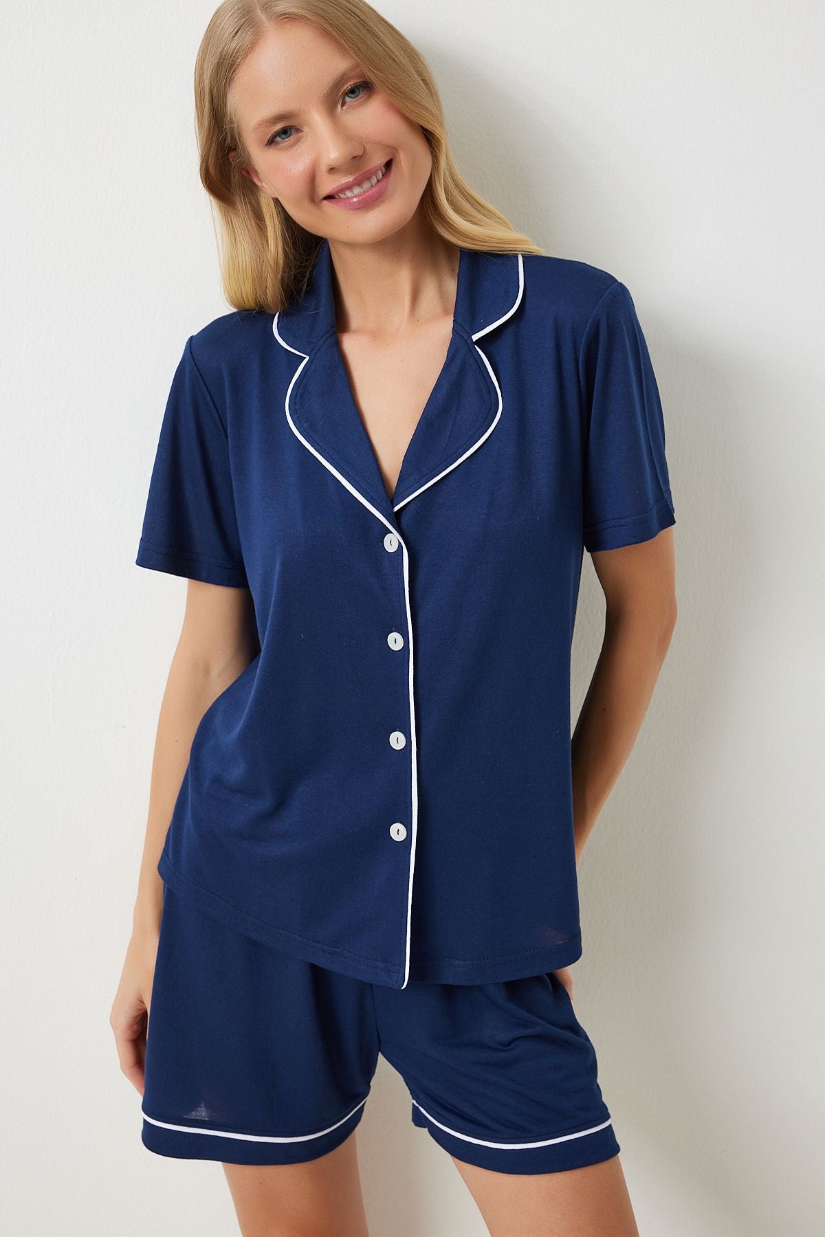 Women's Navy Blue Detailed Shirt Short Pajama Set EC00039