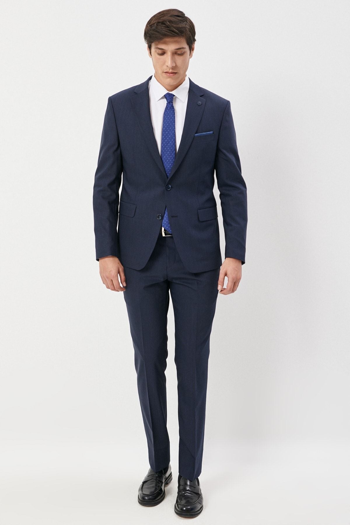 Men's dark navy blue slim fit narrow cut mono collar cheekly woolen suit suits