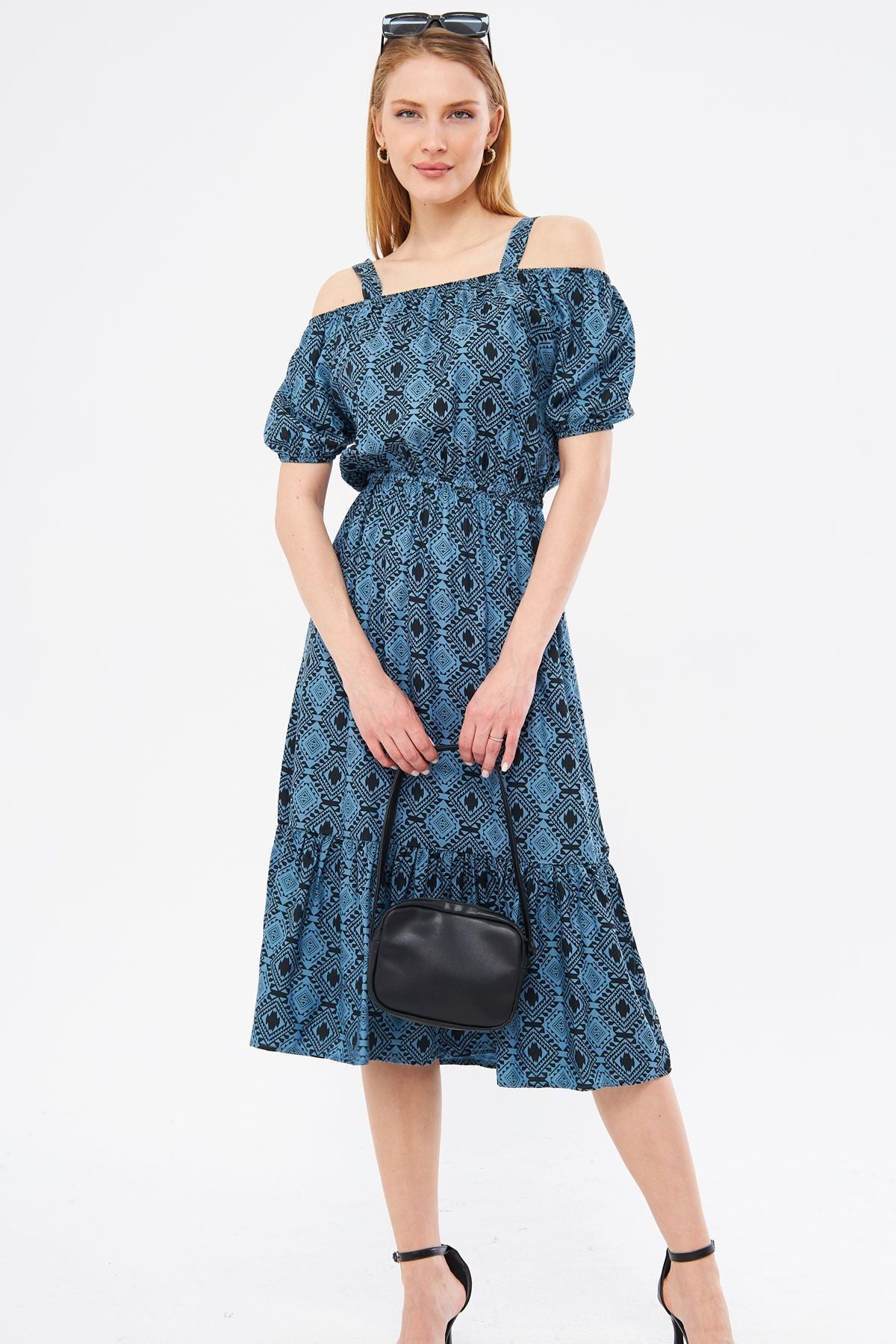 Woman Blue Patterned Waist Waist Hanger Dress ARM-23Y001053