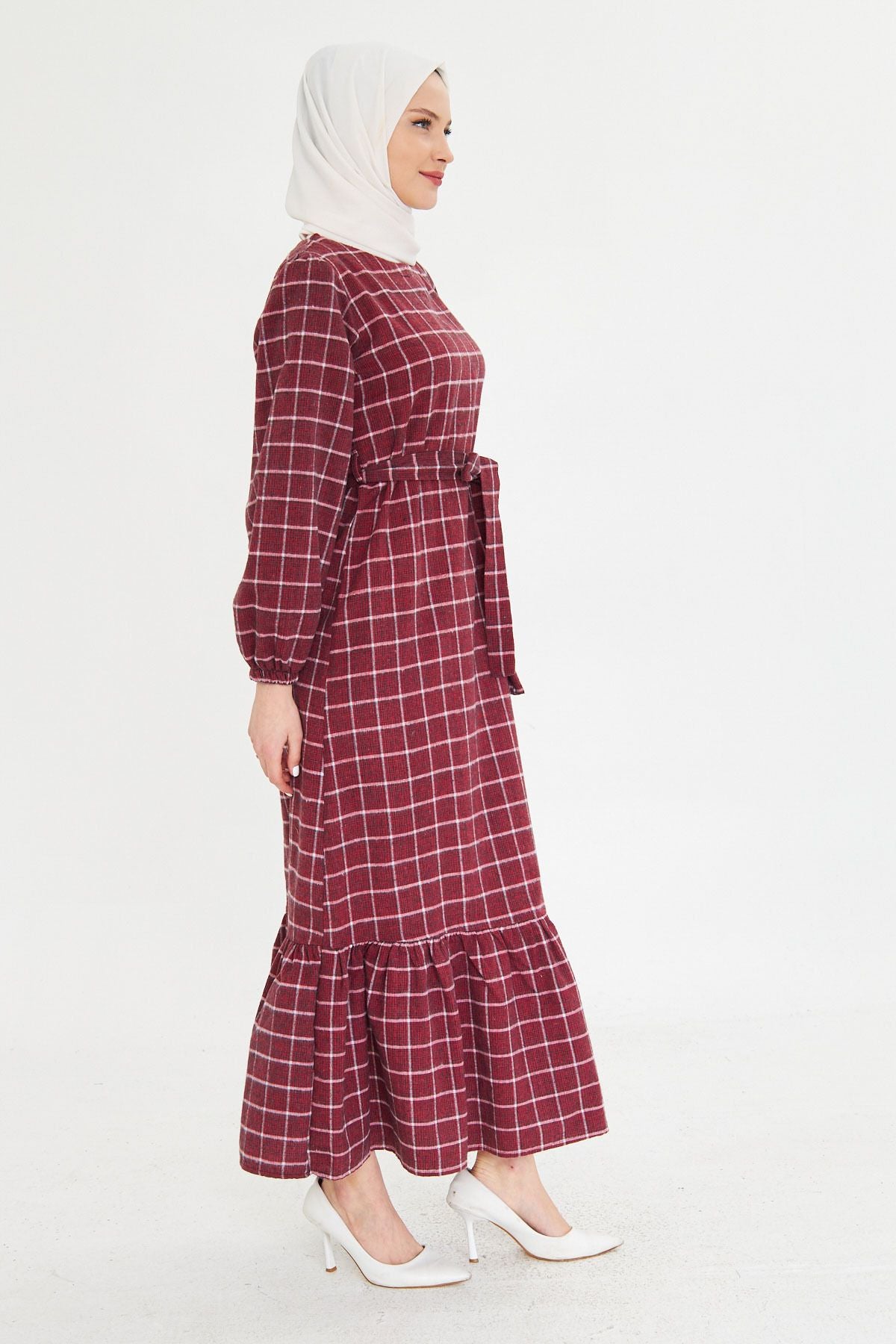 Female Bordeaux Zero Back Back Zipper Skirt Long Hijab Dress with Ruffle Born Arm-25k001102