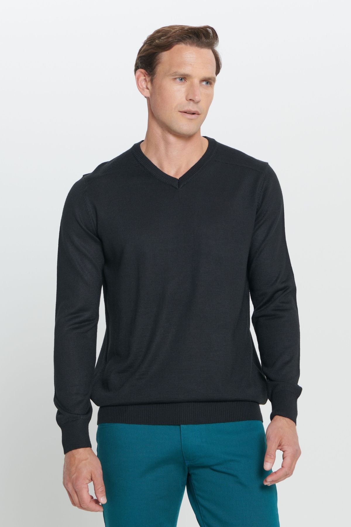 Men's Black Standard Fit Normal Cut V -Neck Knitwear Sweater