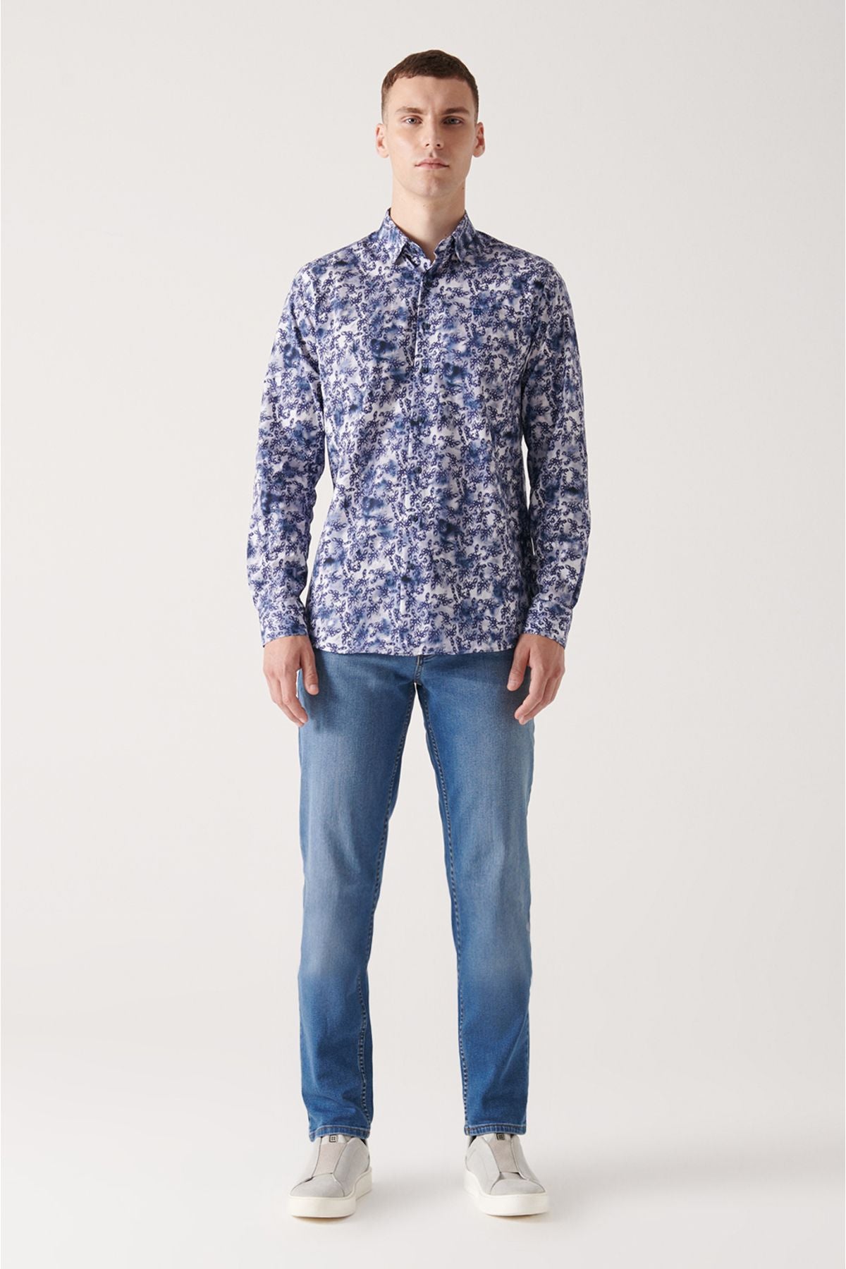 Men's Navy Blue Abstract Pattern 100 %Cotton Shirt A22Y2013