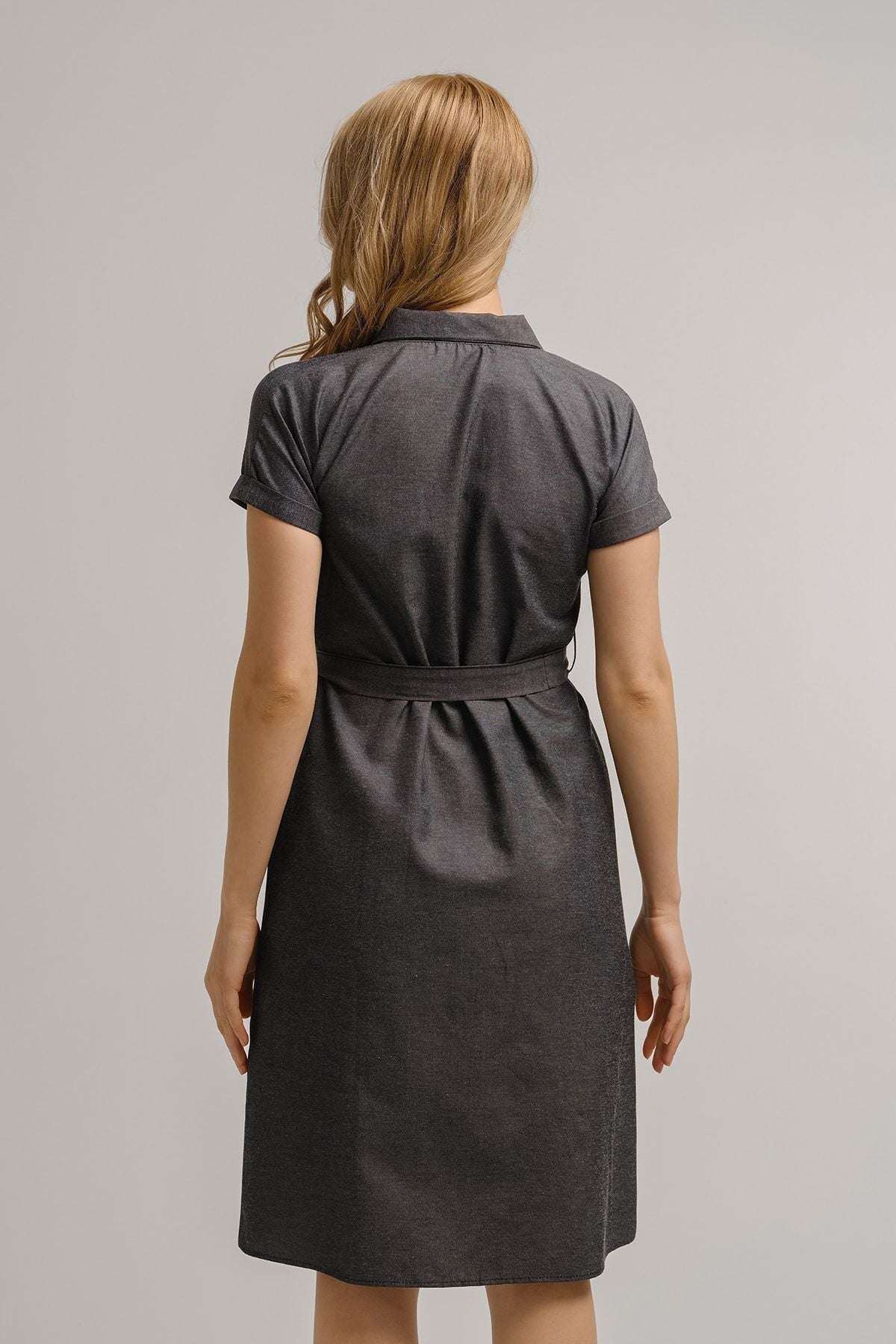 Woman Smoked Waist Belt Short Sleeve Shirt Dress ARM-19Y001068