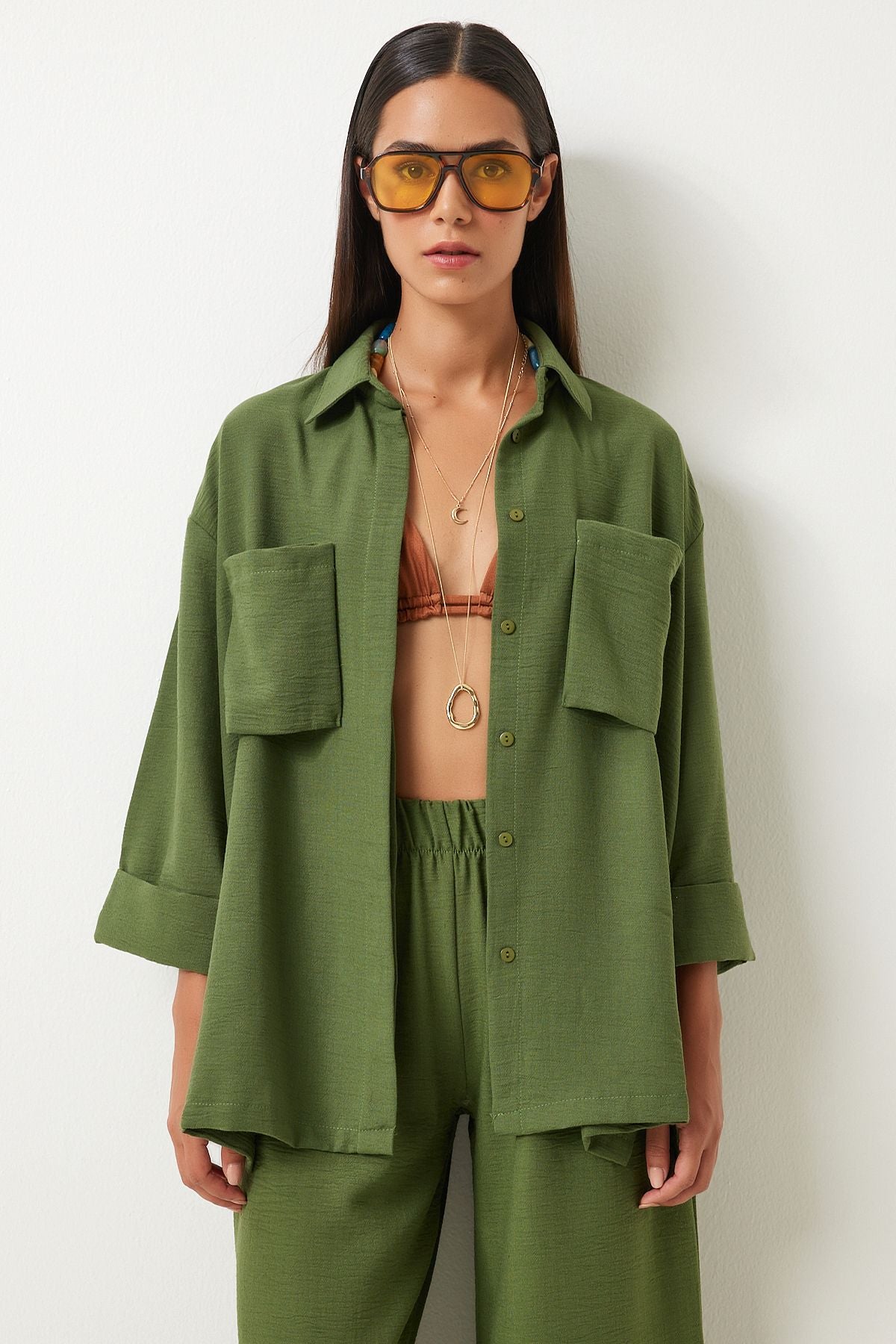 Female khaki large pocket linen mixed shirt pants set FN03205
