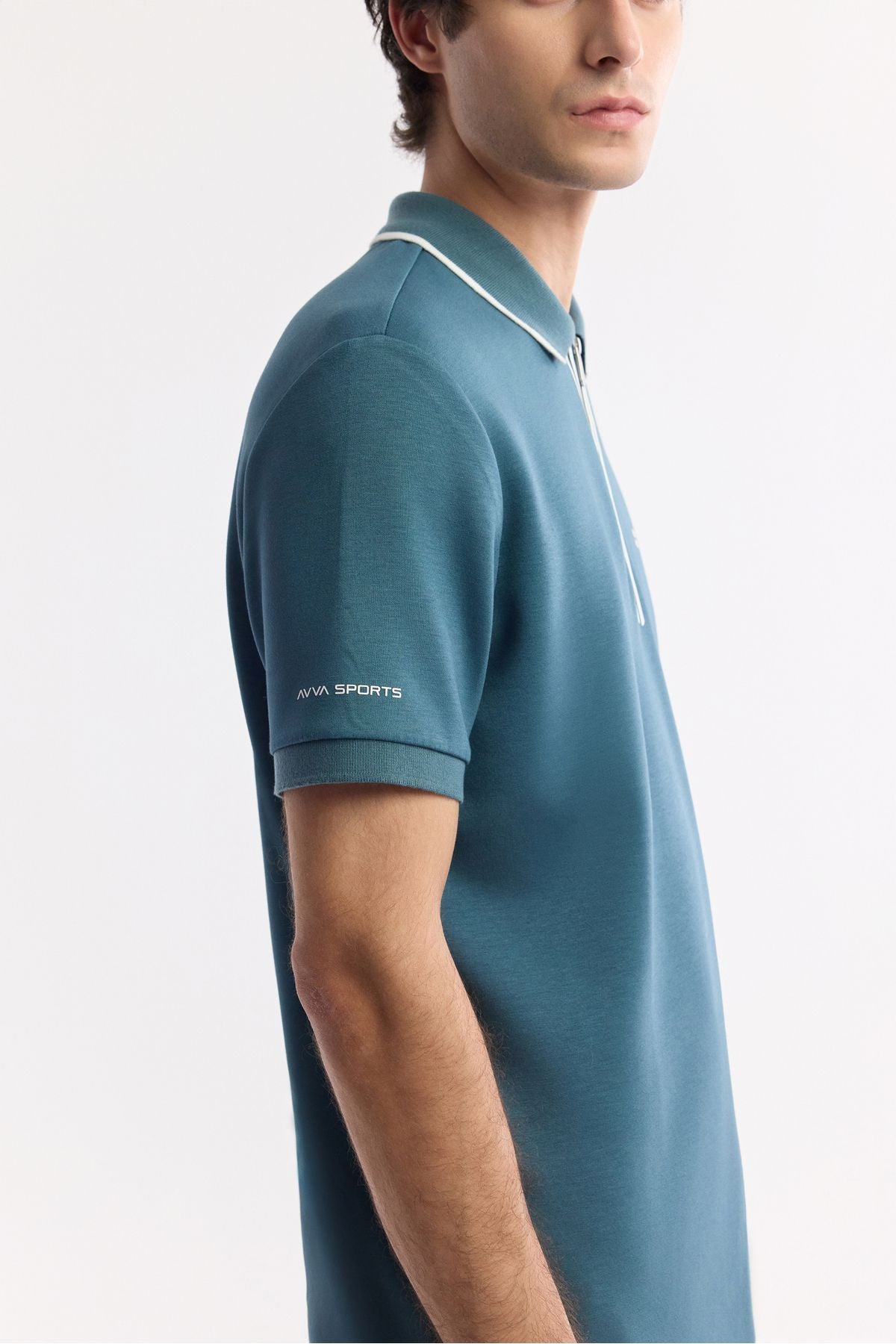 Men's oil blue zipper polo collar flexi printing detailed interlok t-shirt A51y1007