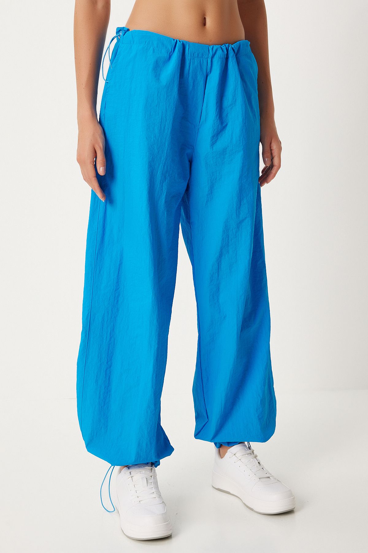 Women's Blue Pocket Parachute Shalwar Pants FN03274