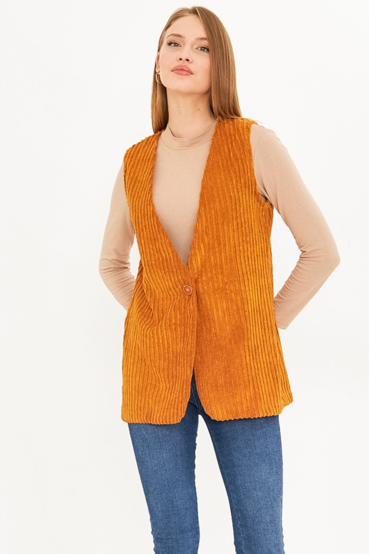 WOMEN HARDAL V-YAKA SINGLE buttoned with a thick wick velvet vest ARM-25K001016