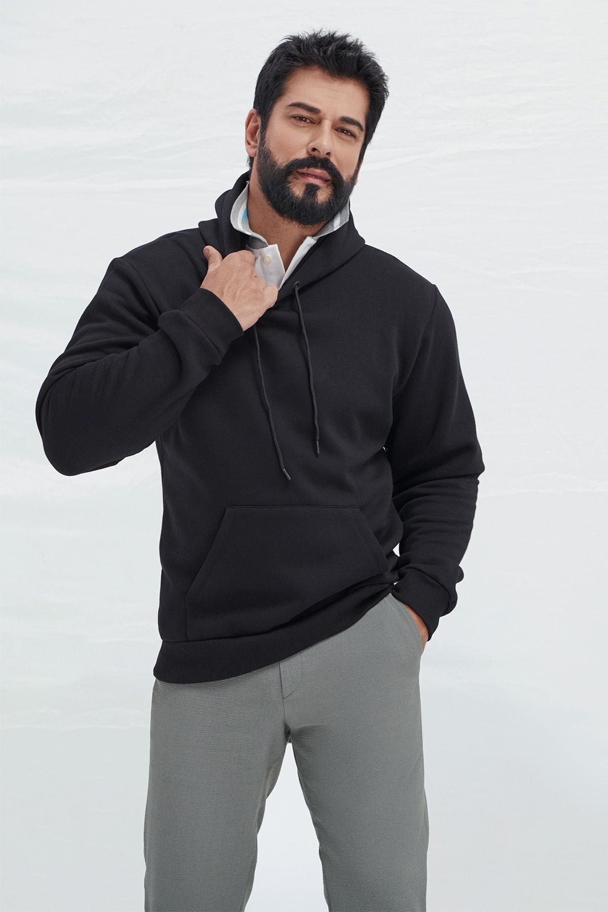 Men's Black Standard Fit Normal Normal Cut Içi Polar 3 IP hooded cotton sweatshirt