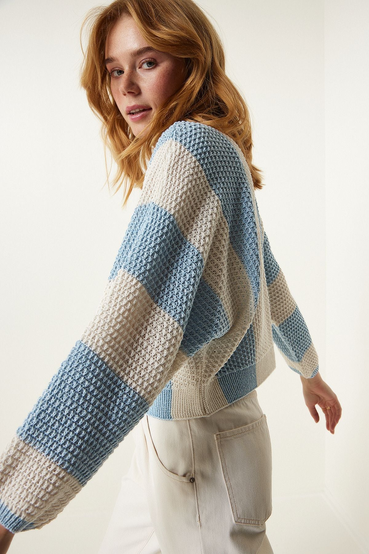 Women's Cream Sky Blue striped seasonal knitwear sweater MC00254