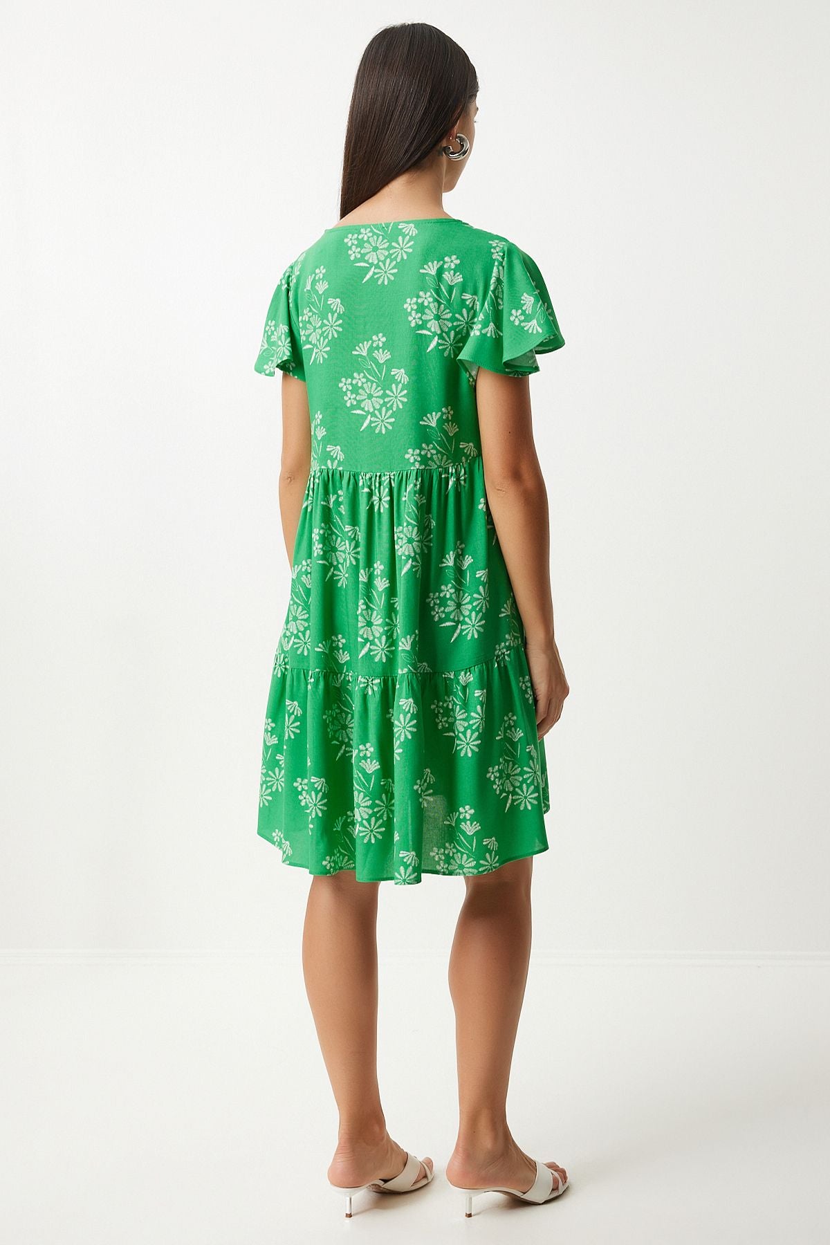 Woman Green White Flower Summer Viscose Dress DD01330