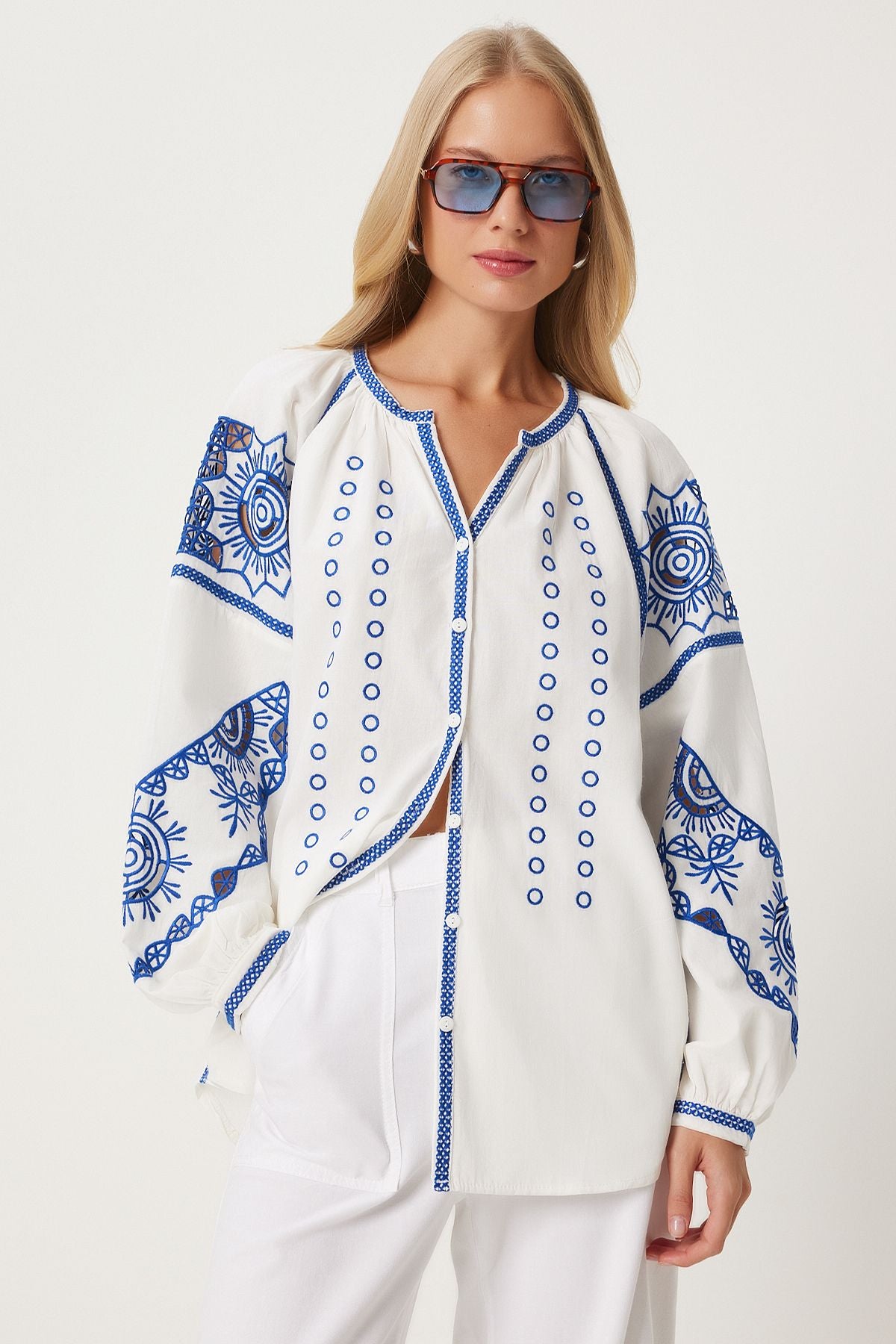 WOMEN ECRU BLUE AGENCY Embroidered Embroidered Poplin Shirt QS00006