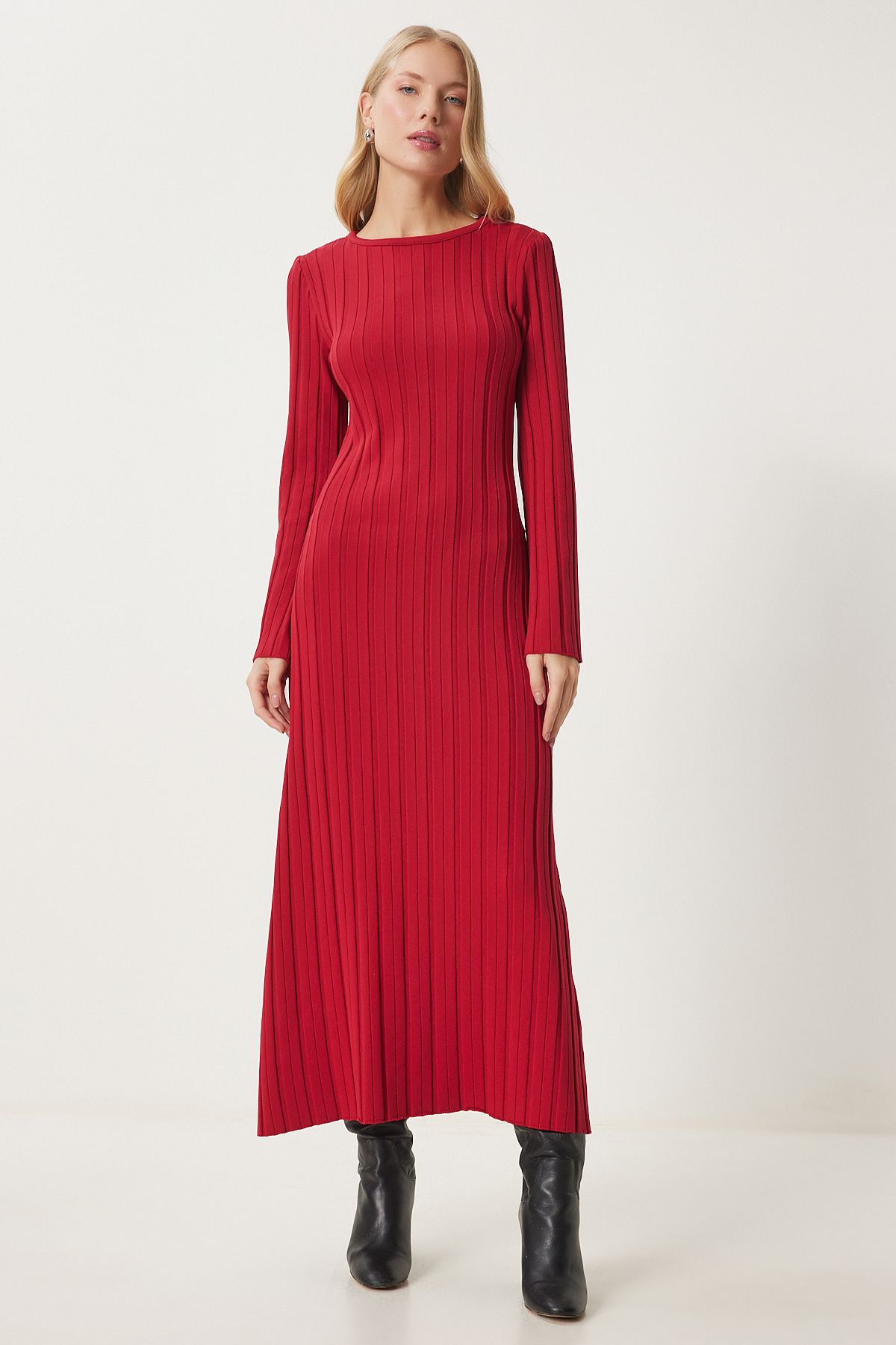 Woman Red Belt Remvous Long Knitwear Dress Ki00108