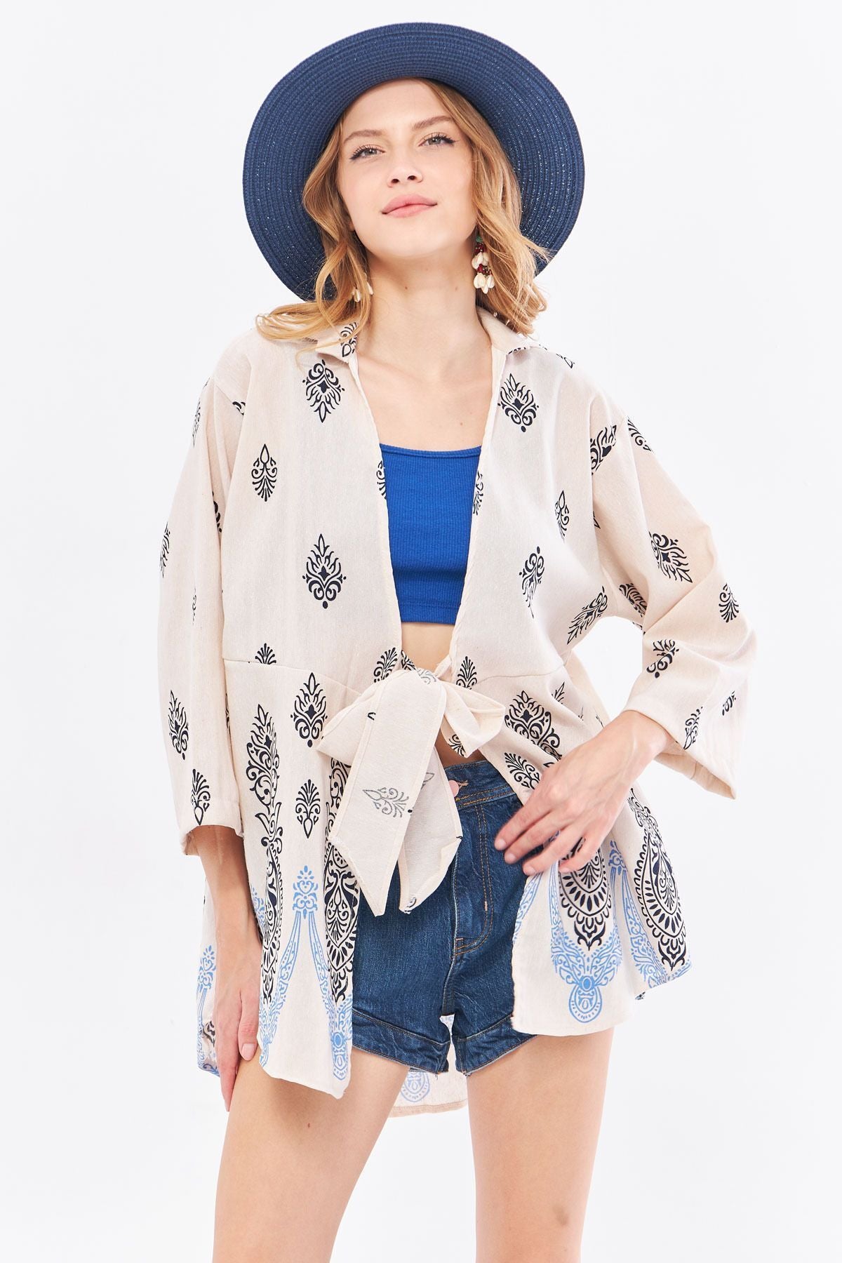 Women's dark navy blue patterned linen-looking skirt with juicy front kimono shirt ARM-24Y001092