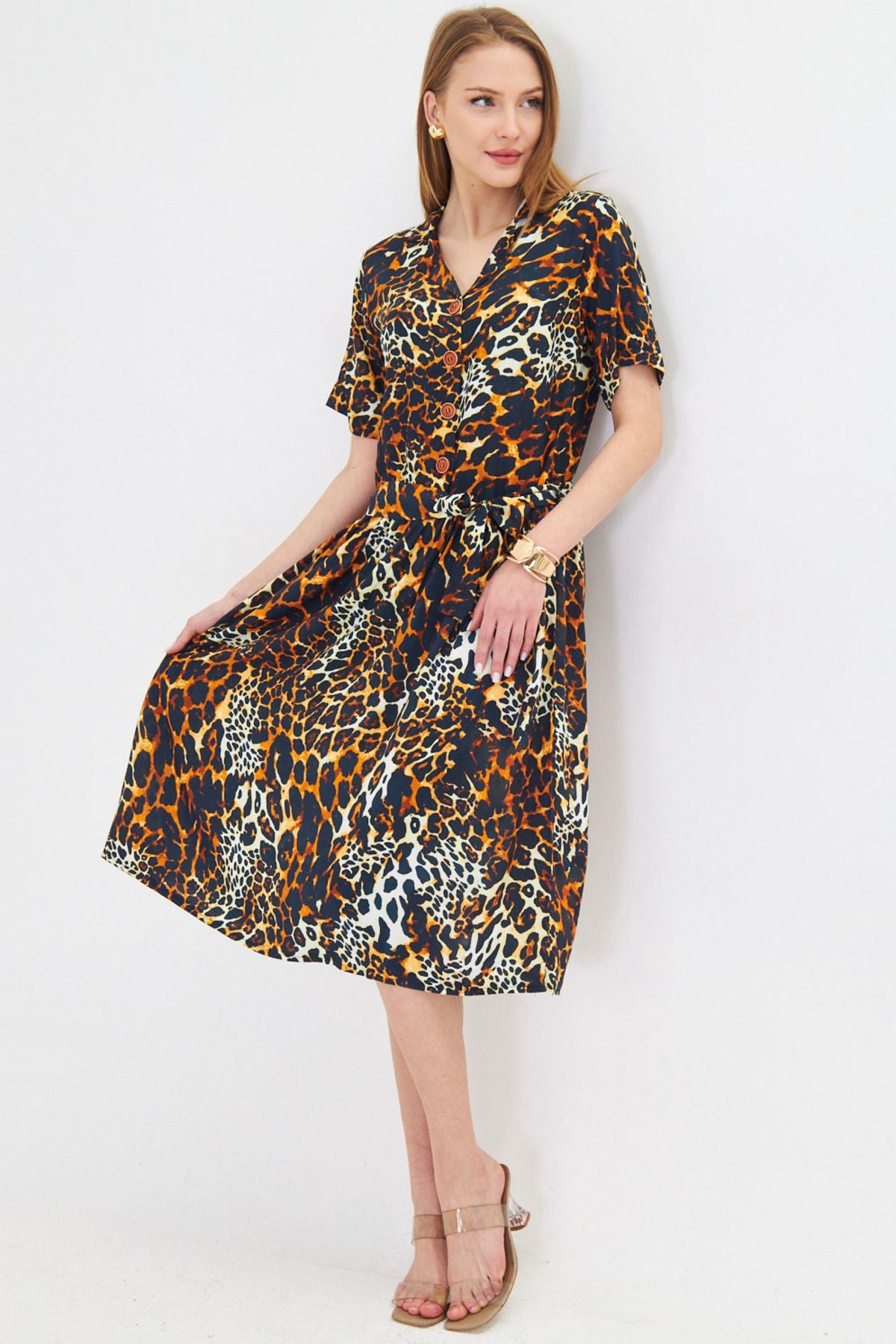 Female Orange front buttoned waist shirred belt midi size dress ARM-24Y001068