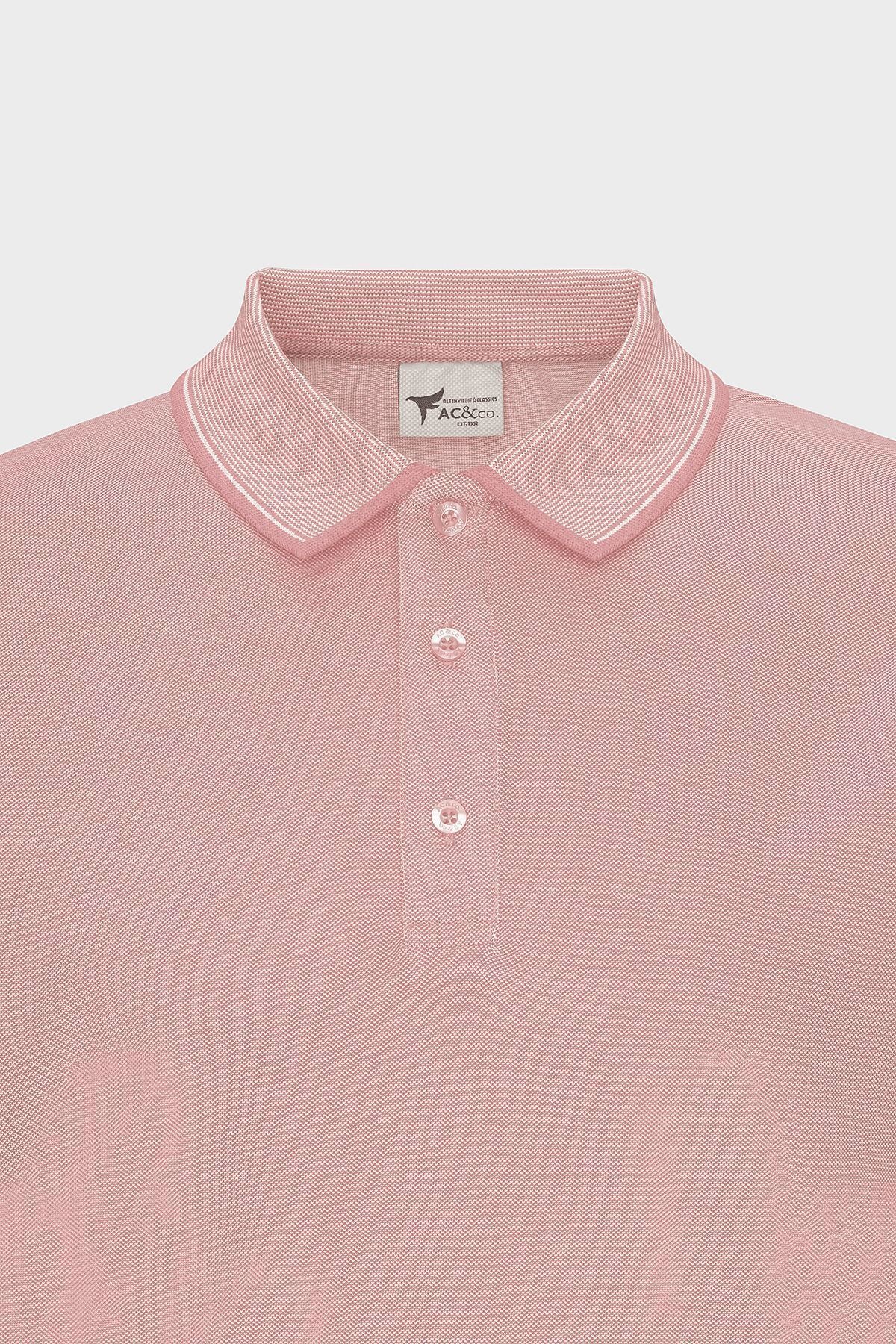 Men-Plugging Cotton Fabric Slim Fit Narrow Cut Pink-White Curlled Polo Yaka T-shirt