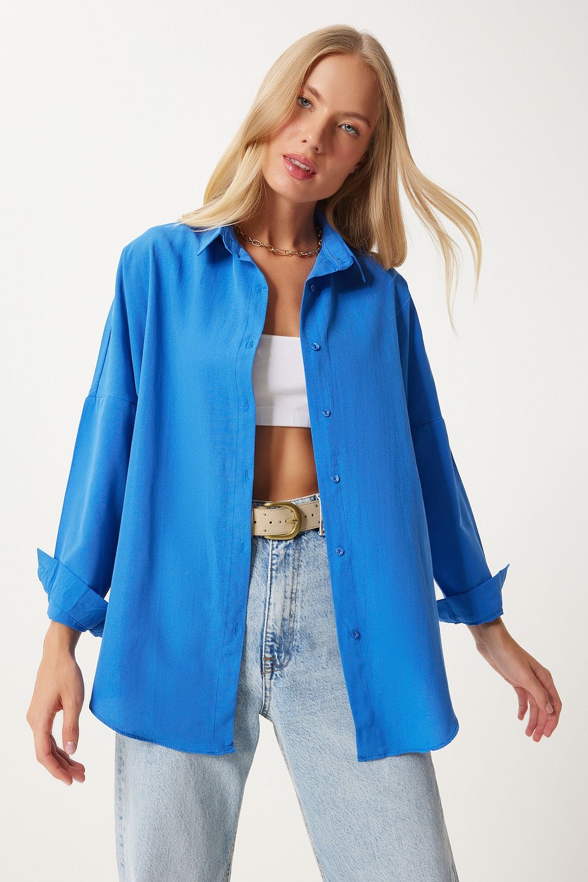 Woman Live Blue Oversize Long Basic Shirt DD00842