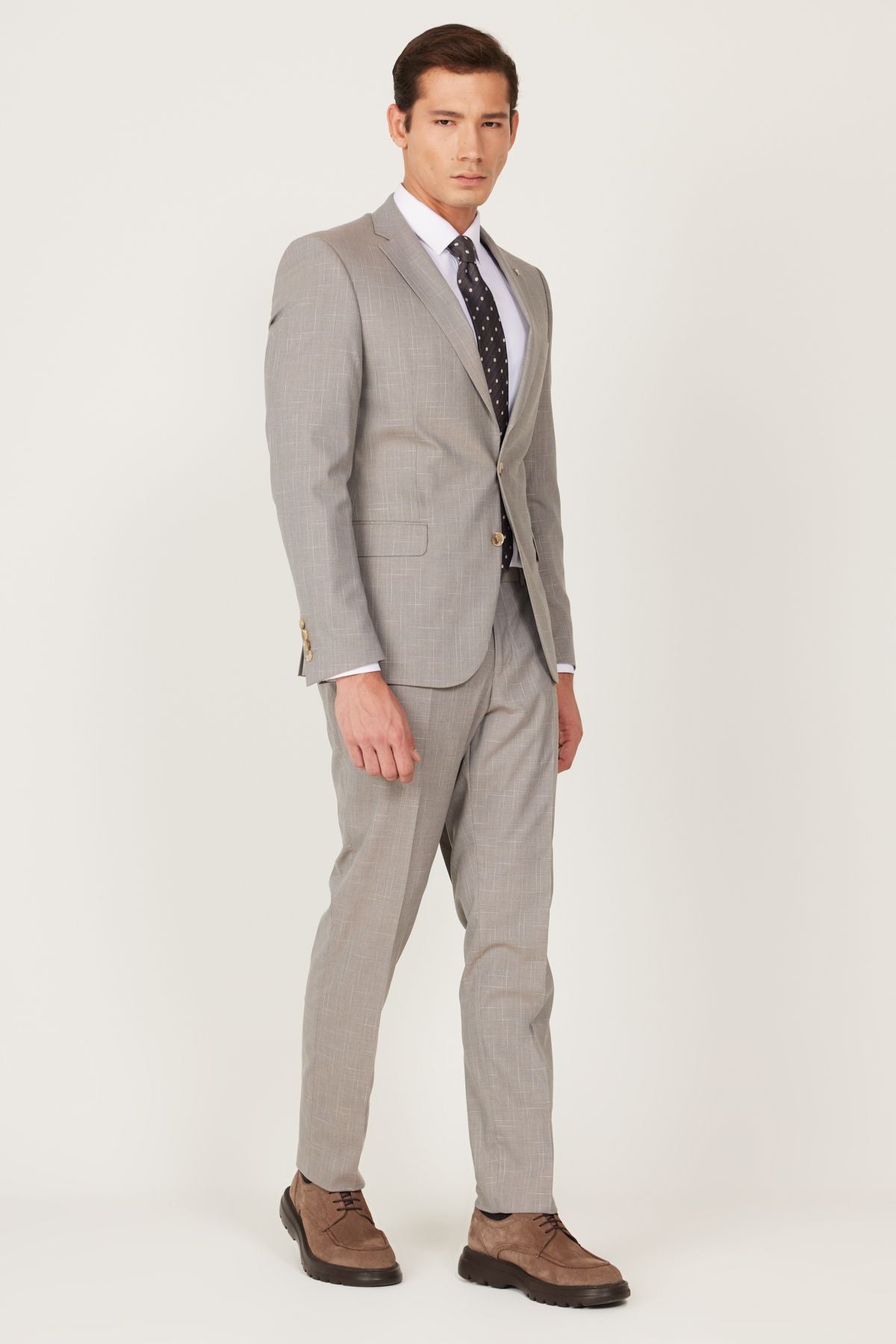 Men's Beige Extra Slim Fit Narn Cut Mono Neck Patterned Suit Suit