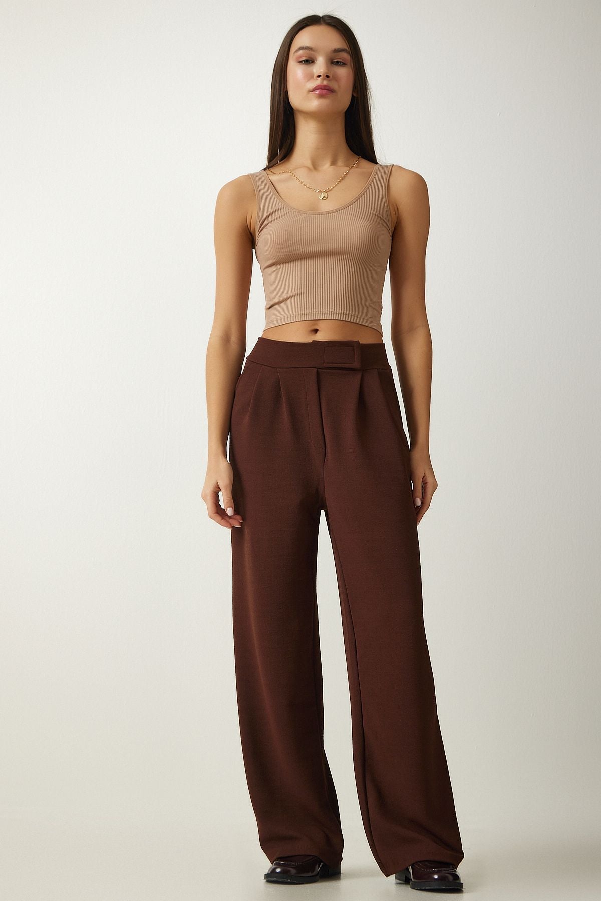 Female Brown Waist Call Casual Palazzo Pants Li00113