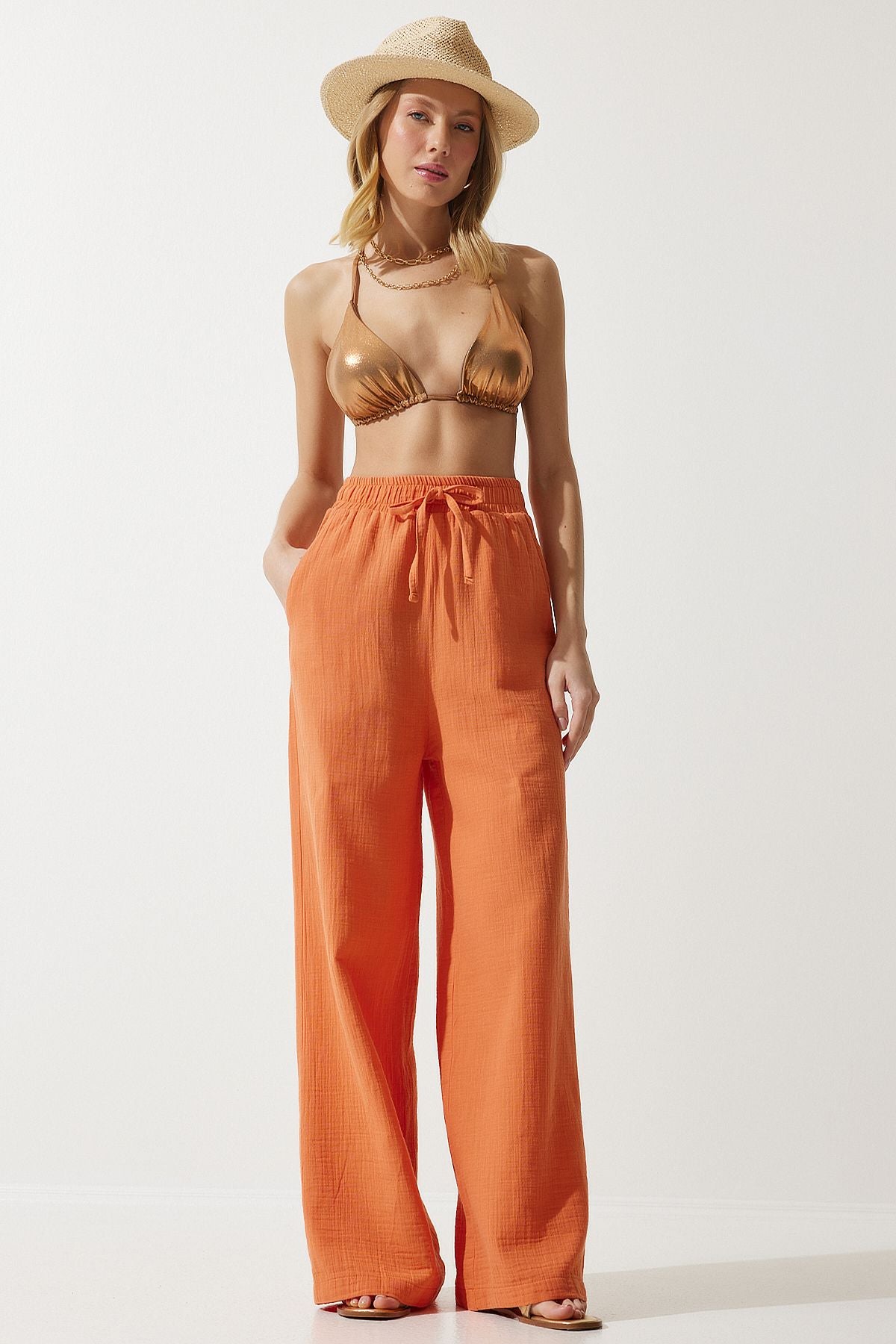 Women Orange Muslin Palazzo Pants MX00160