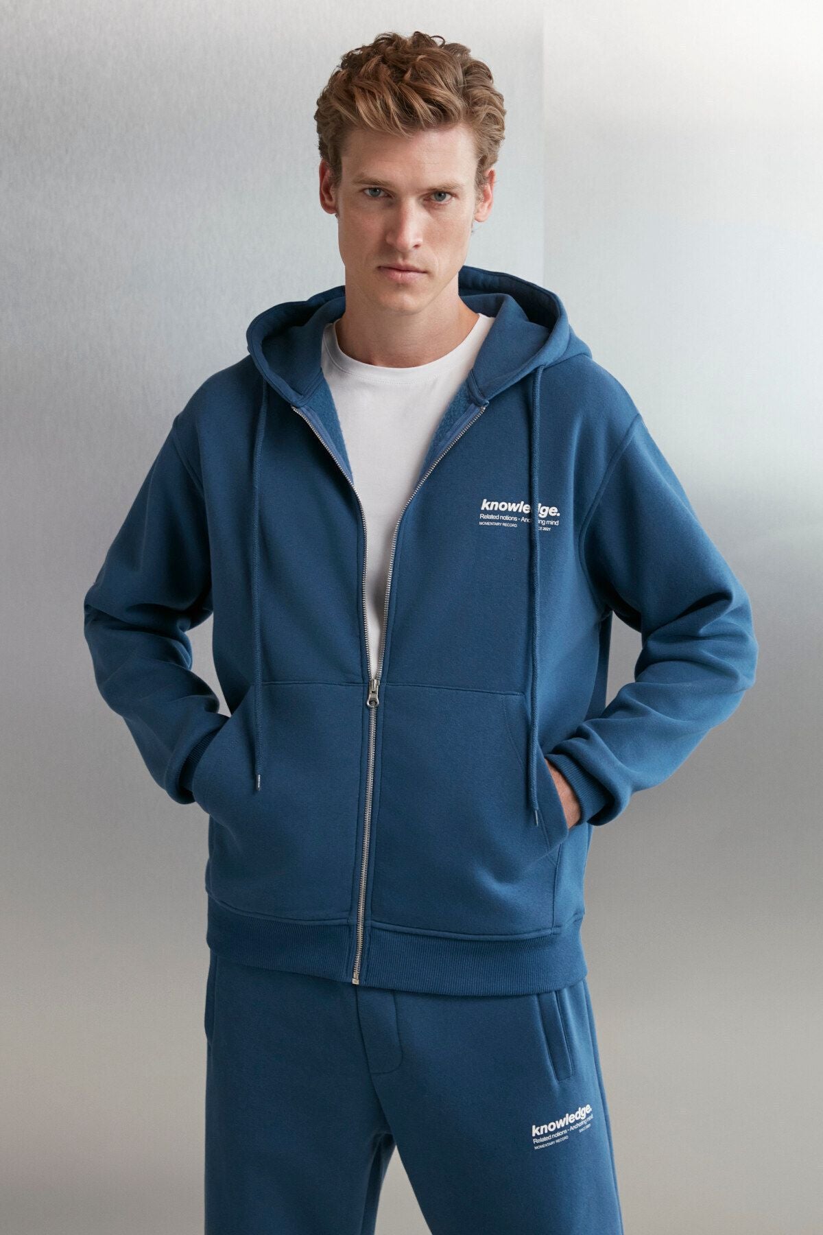 Aksel Men's soft fabric with zipper printed hooded blue sweatshirt