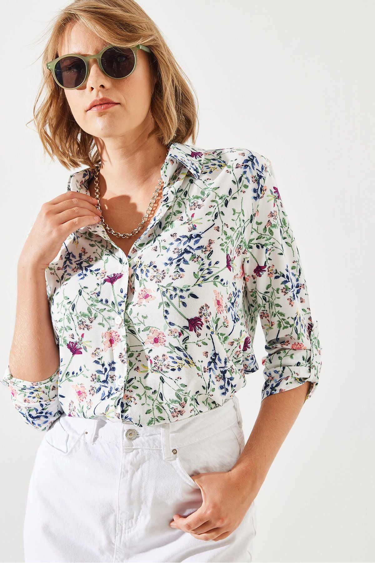 Women's Arm Folding Flower Patterned Shirt 60251778