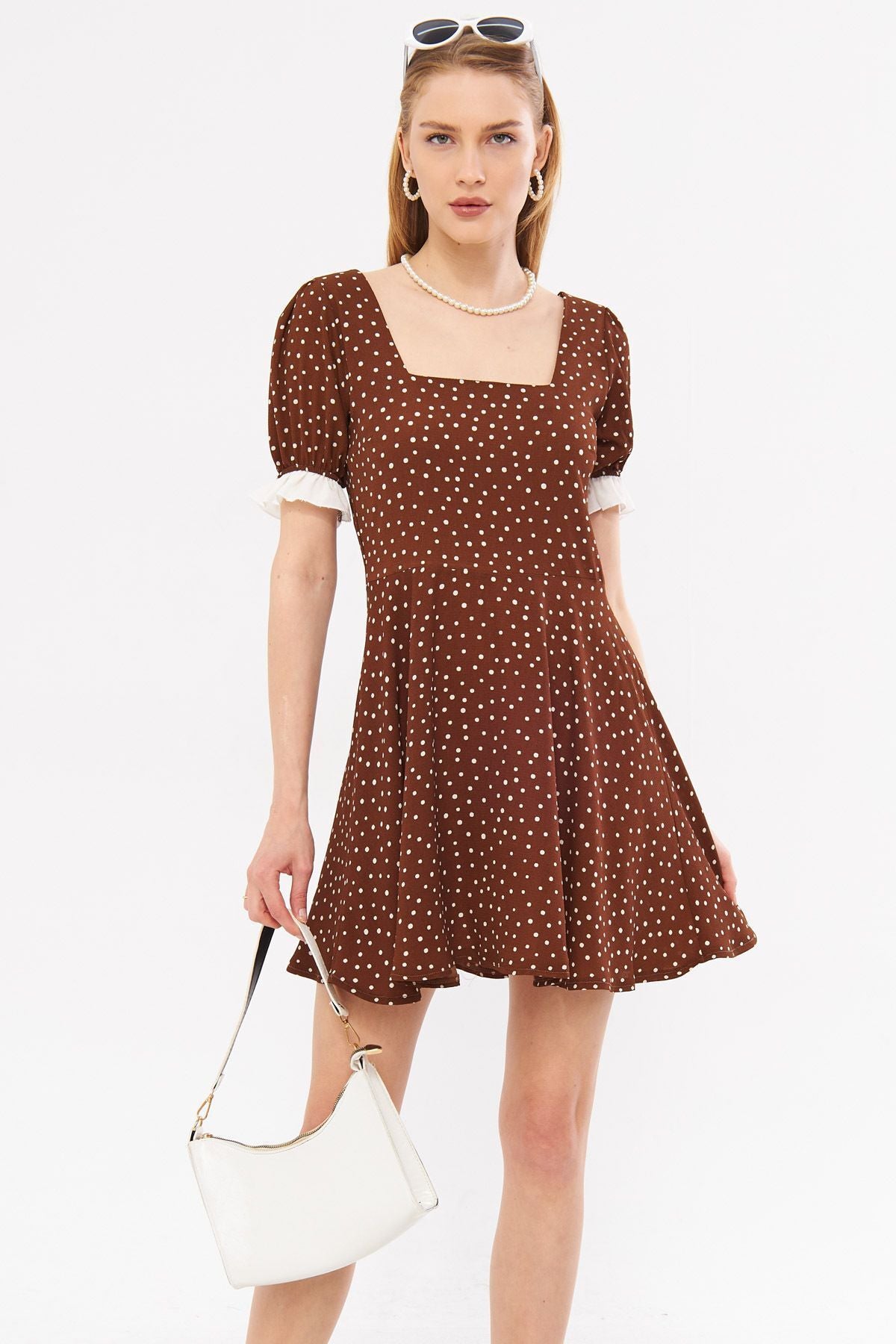 Female Coffee Front Rear Square Ruffle Detail Drthm Watermelon Watermelon Kloş Mini Dress ARM-24Y001051