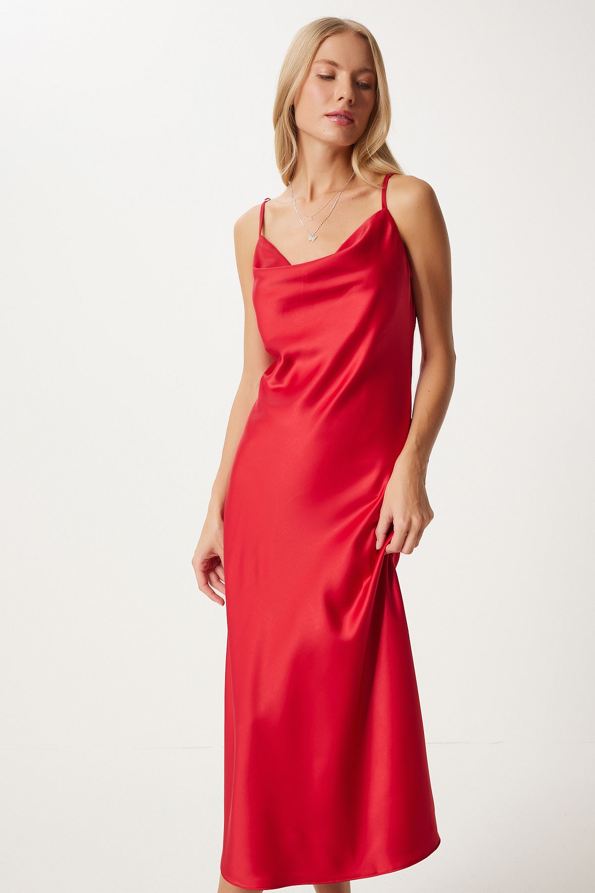 Woman Red Degage Yaka Satin Surface Dress FN03300