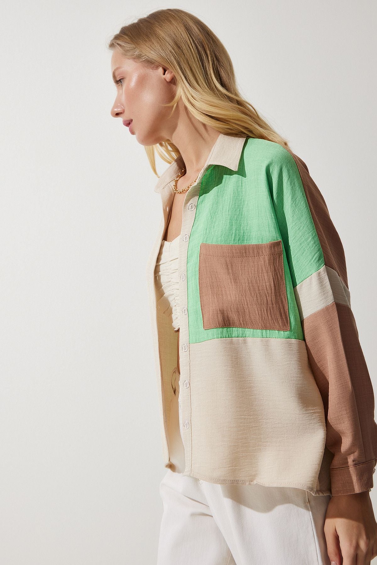 Female Beige Green Block Colorful Linen Shirt TP00030