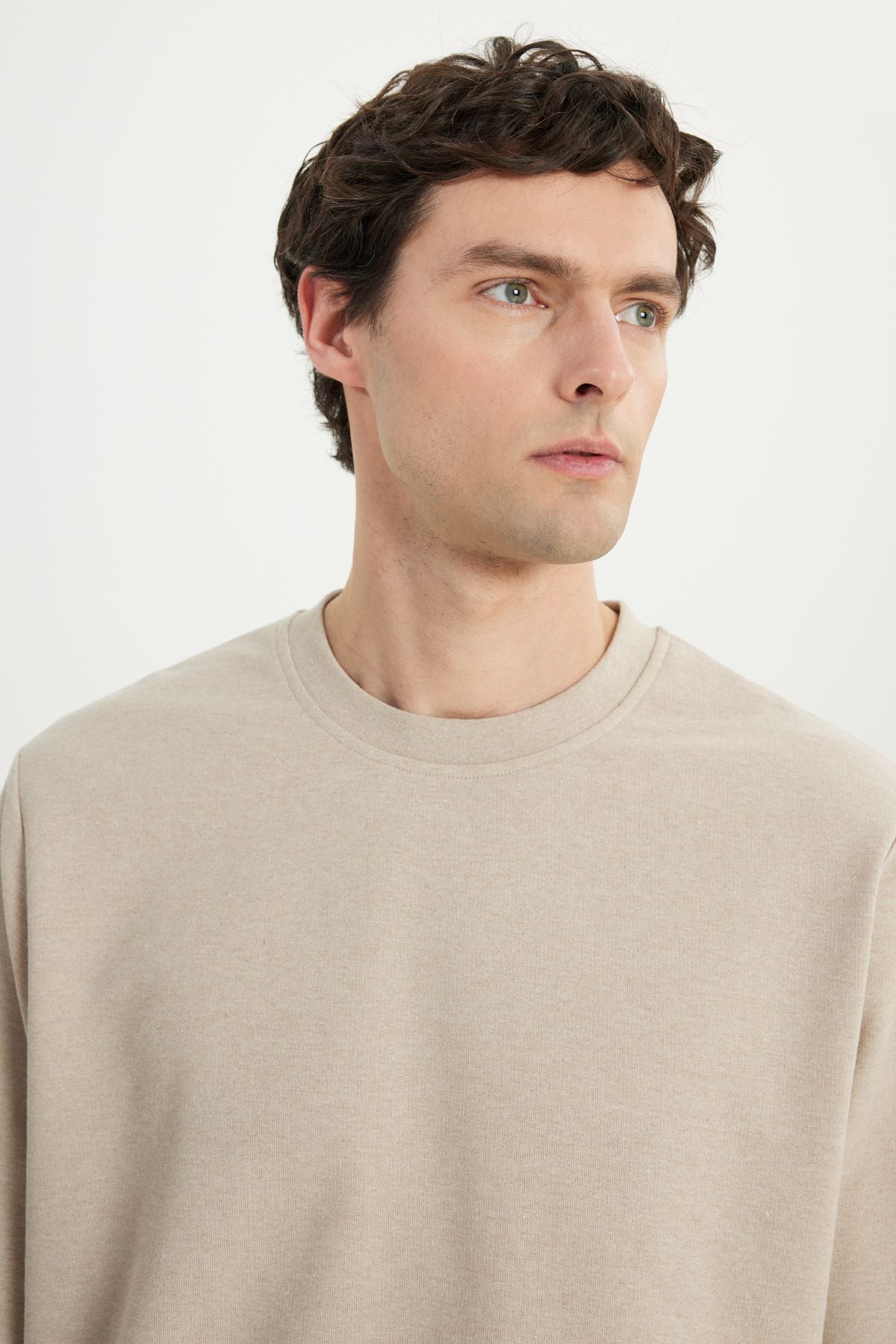Men's Beige Standard Fit Normal Cutting 2 Yarn Recycle Cotton Bicycle Collar Sweatshirt