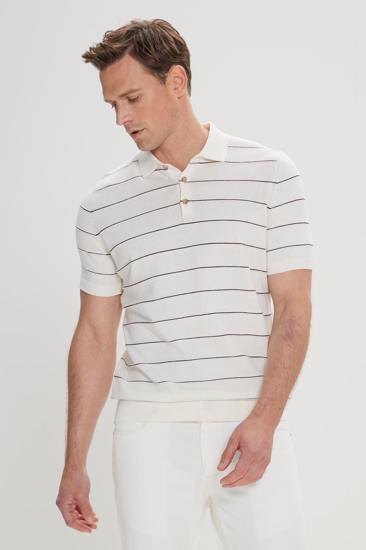 Men's Ecru-Kahve Standard Fit Normal Cutting 100 %Cotton striped Polo Yaka Triko T-shirt