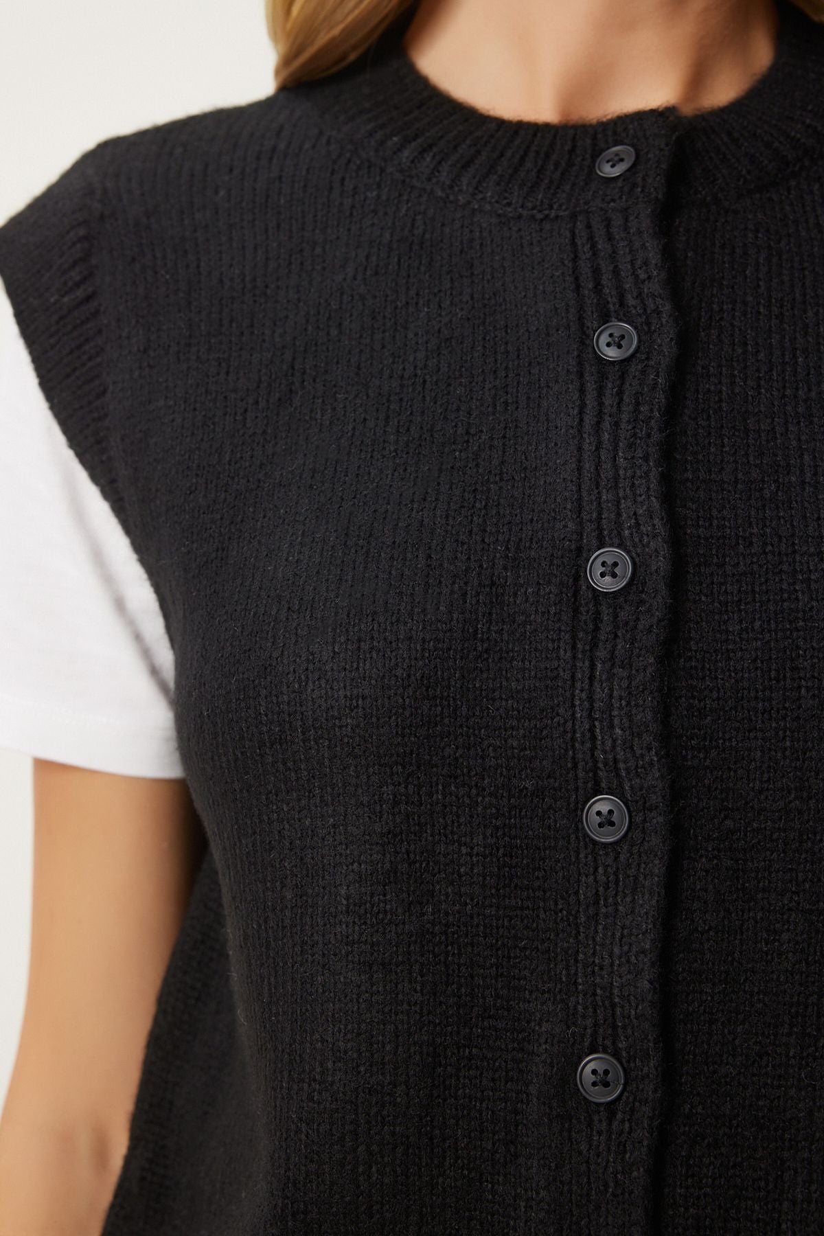 Women's black bike collar button knitwear vest US00947